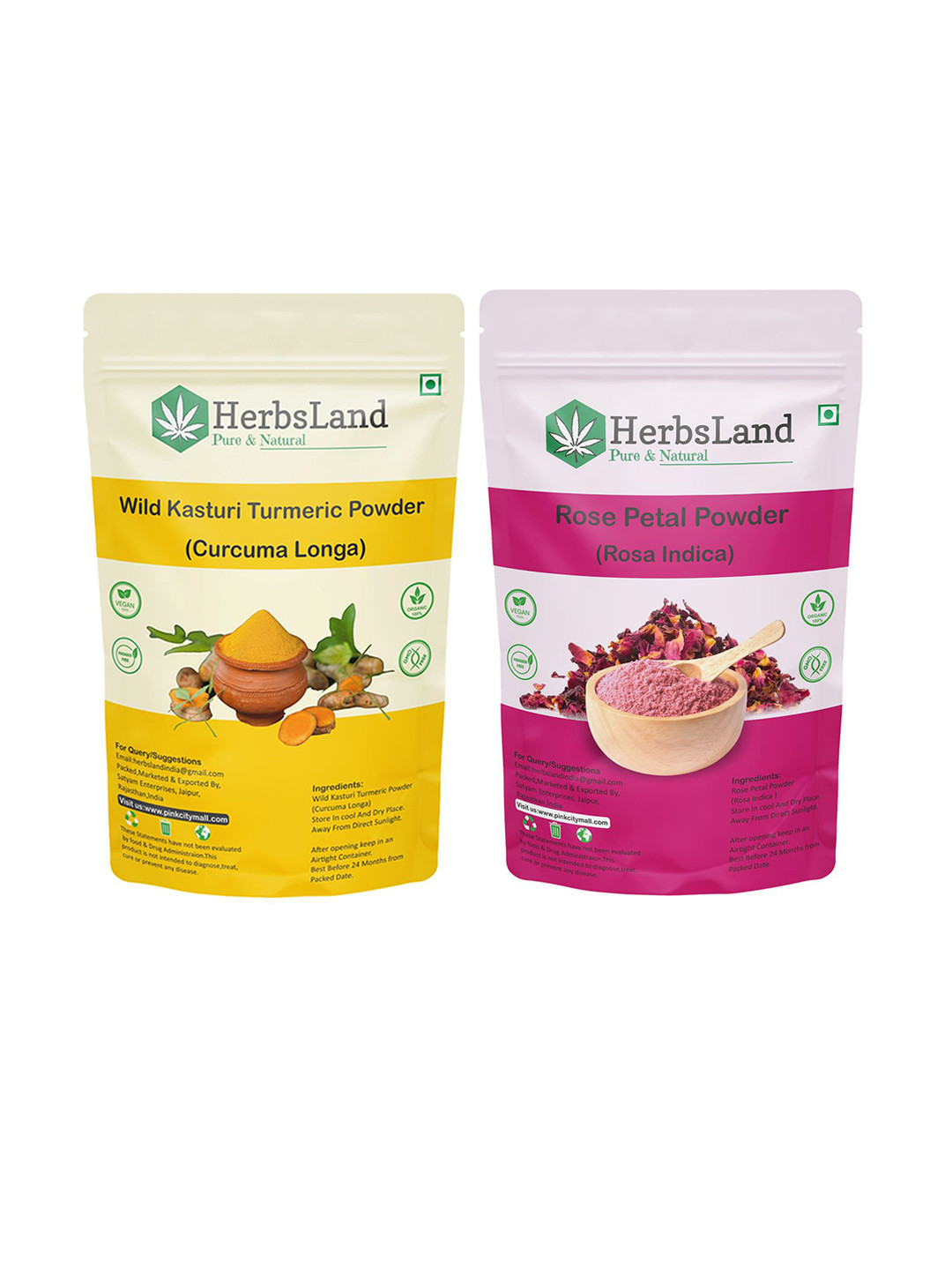 HerbsLand Set Of 2 Wild Kasturi Turmeric Powder  & Rose Petal Powder - 100 g Each
