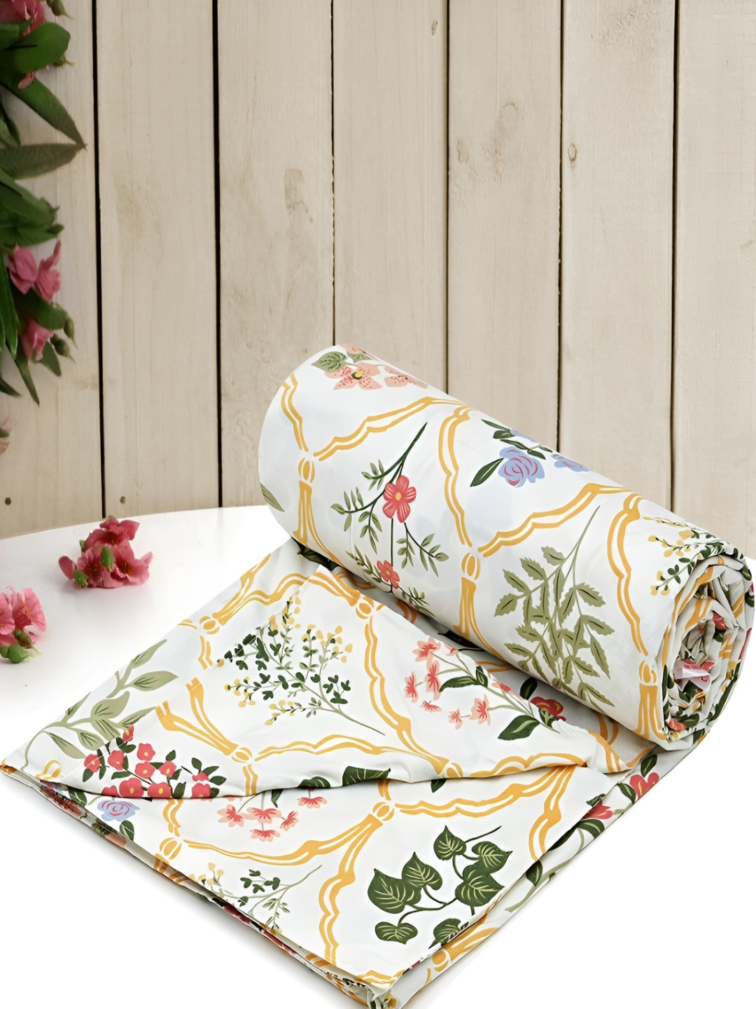 RRC Cream & Green Floral Printed Microfiber Double Duvet Cover