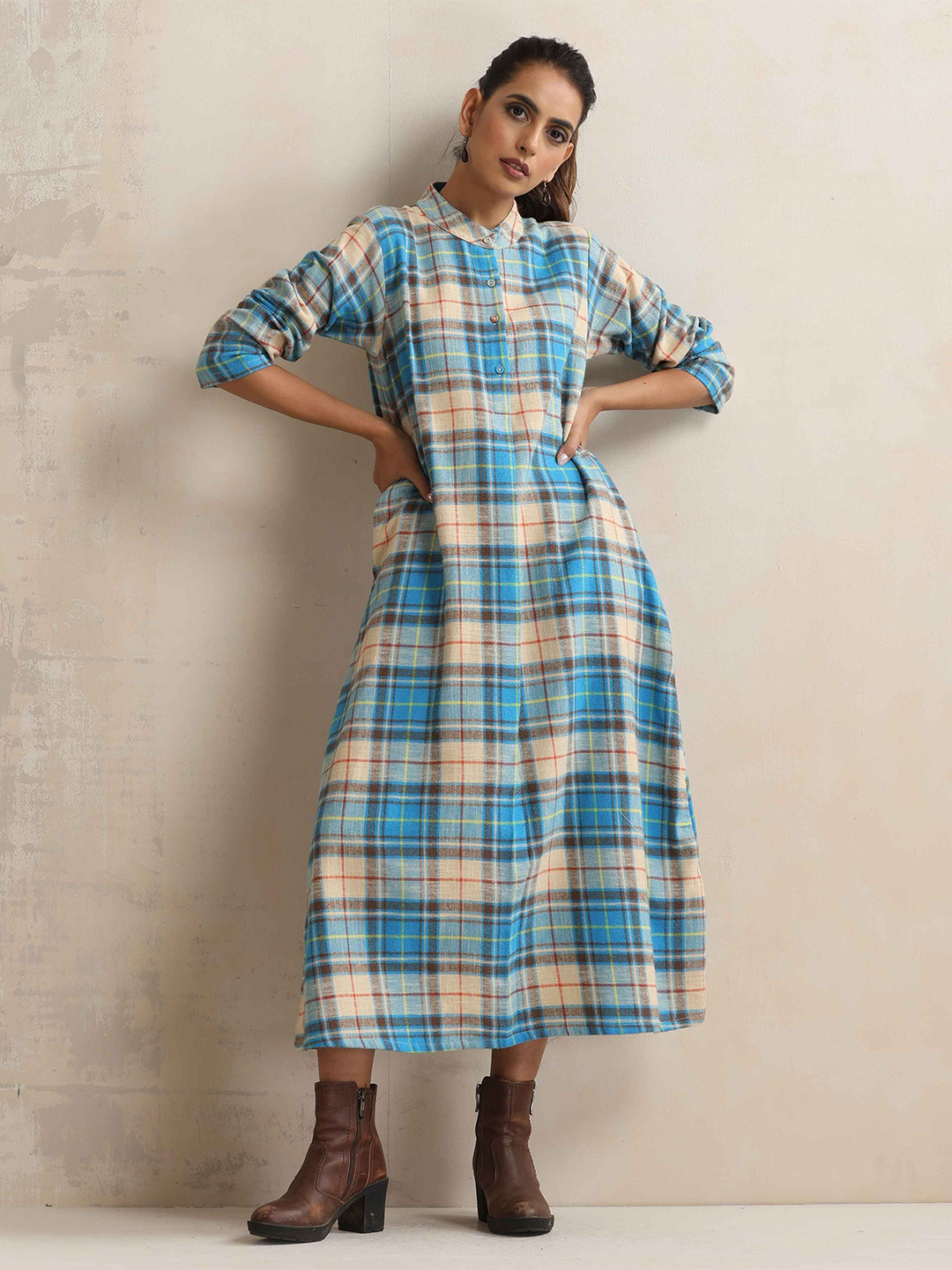 trueBrowns Checked Woollen A-Line Midi Dress