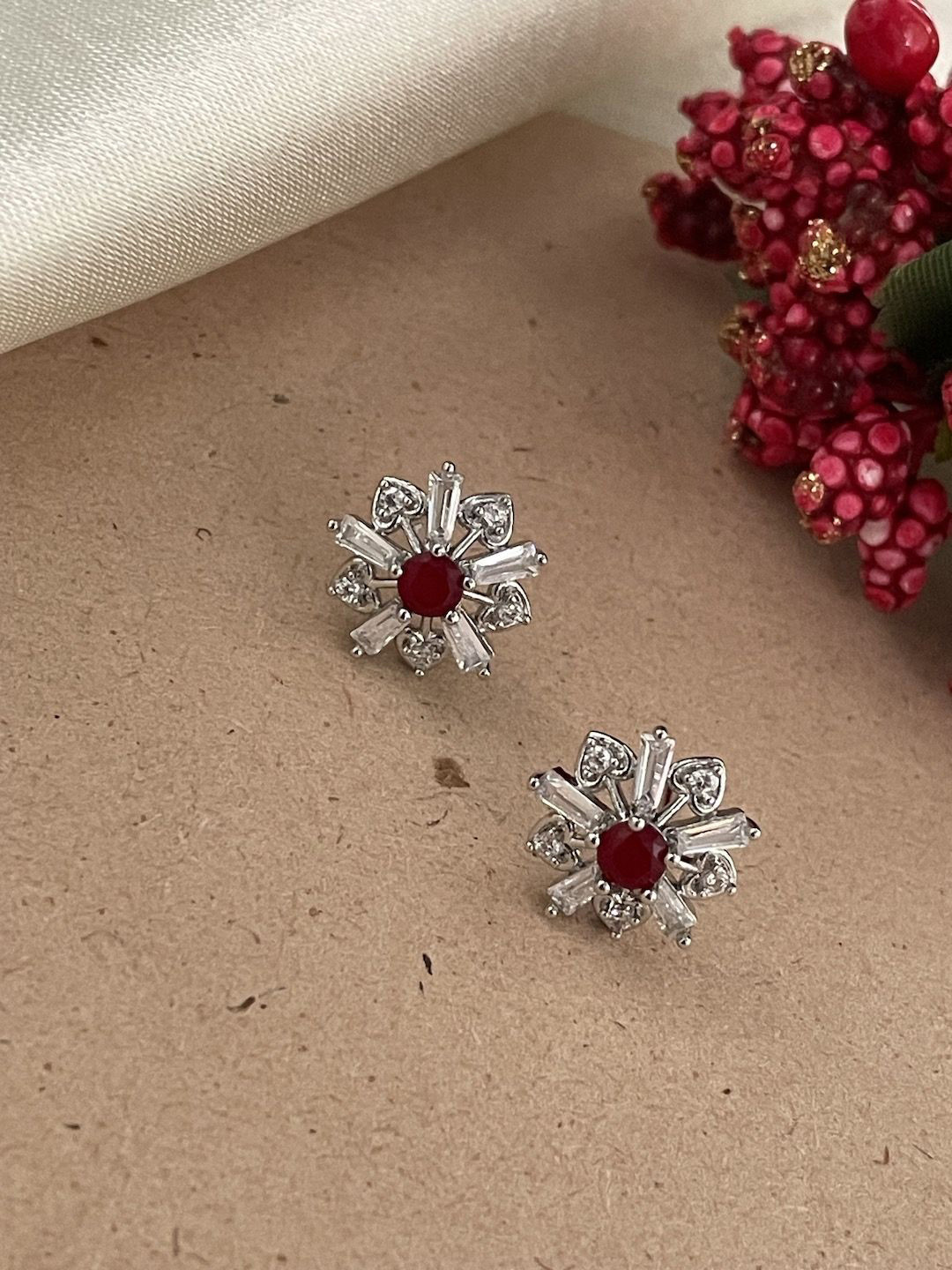 Digital Dress Room Silver Plated CZ Studded Flower Studs Earrings