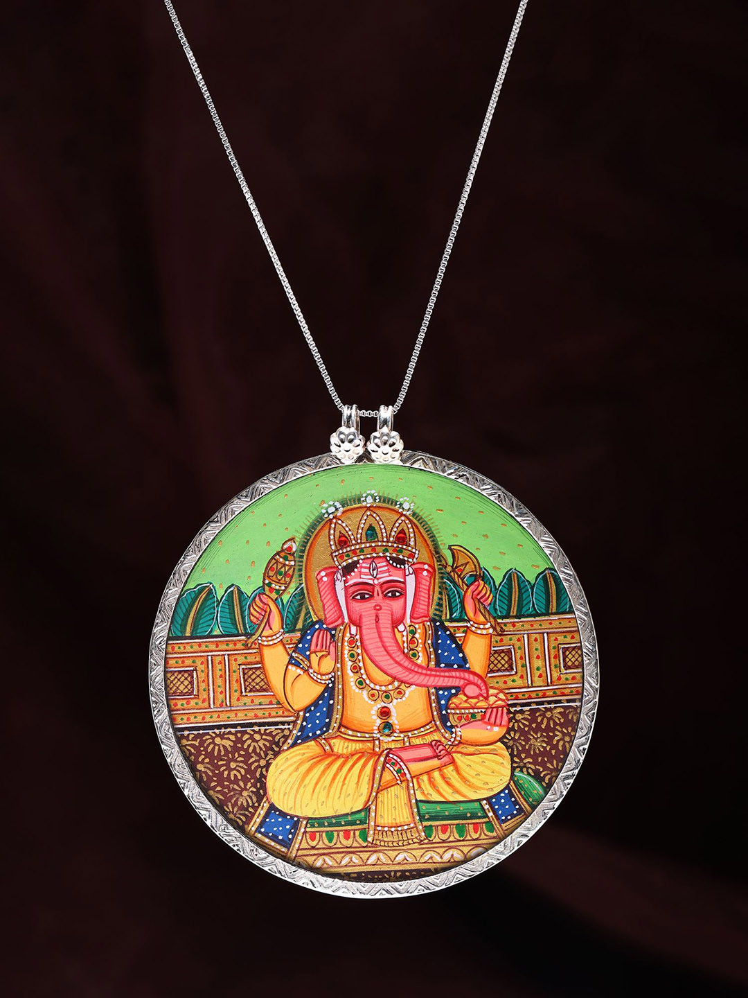 Exotic India Hand Painted Chaturbhuja Lord Ganesha Pendant in Sterling Silver