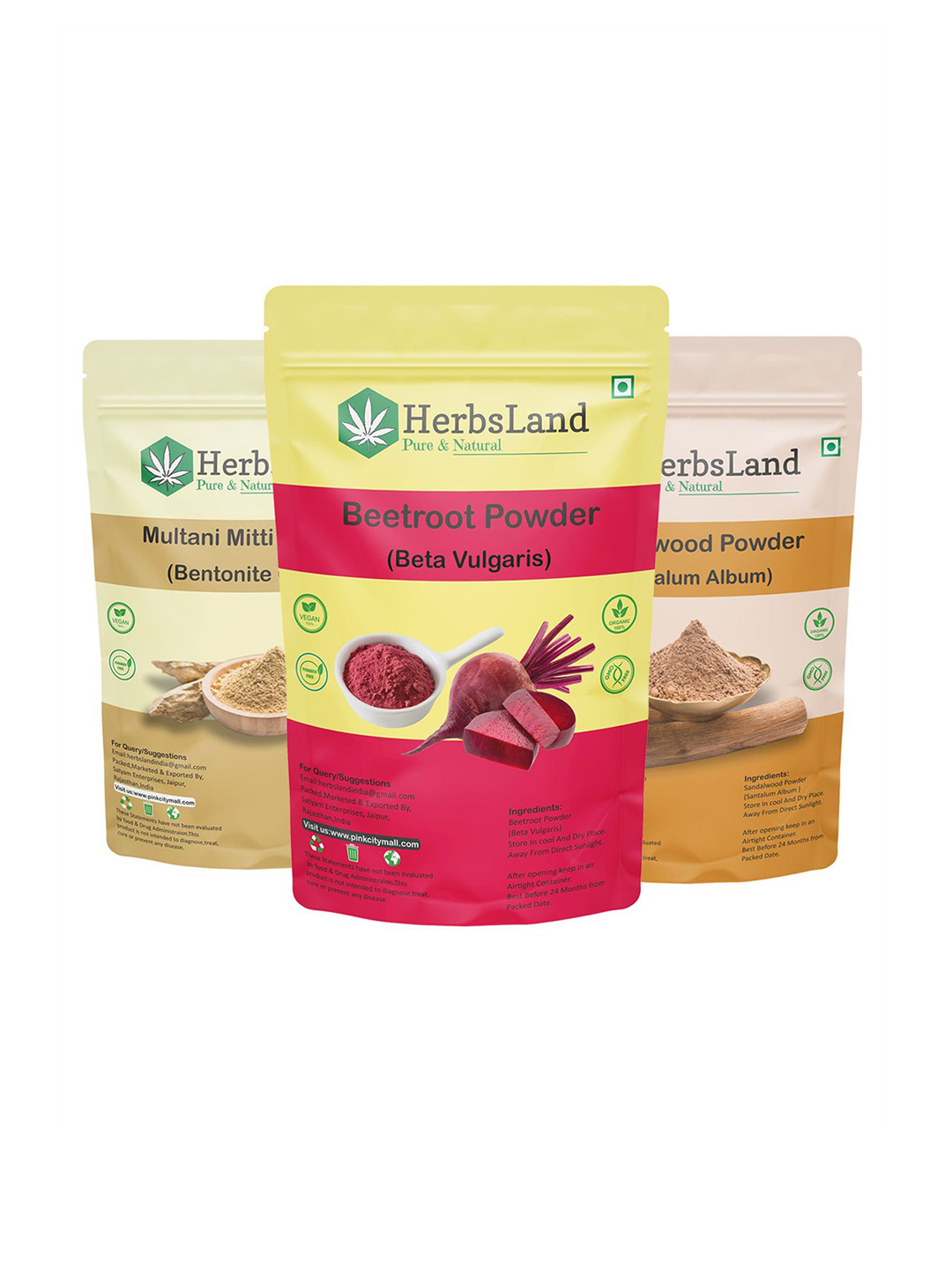 HerbsLand Set Of 3 100% Pure & Natural Beetroot, Multani Mitti, SandalwoodPowder-150g Each