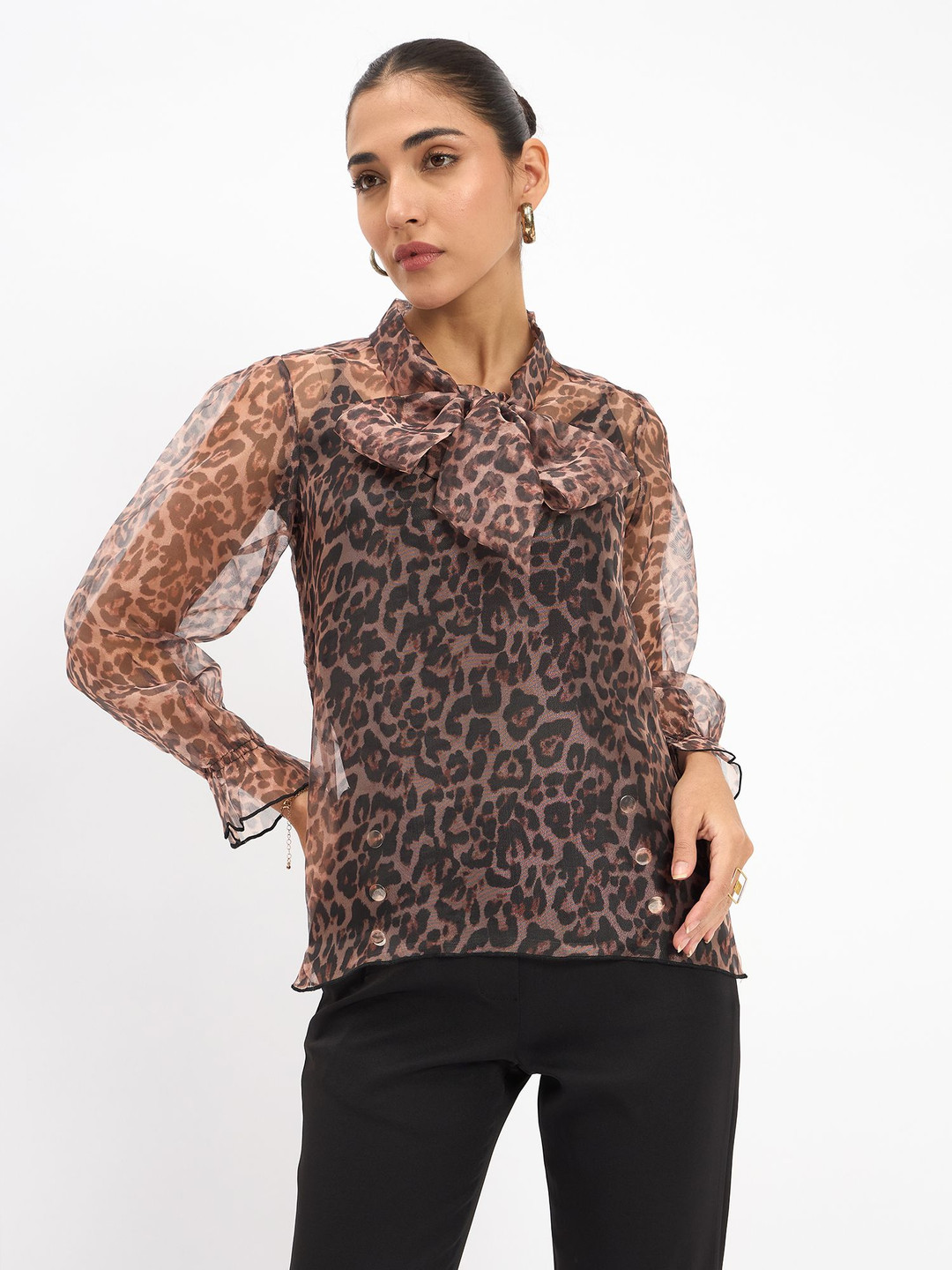 SALT ATTIRE Animal Print Tie-Up Neck Blouson Top