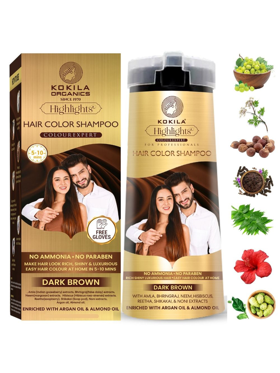 KOKILA Highlights Long-Lasting Hair Color Shampoo - 400 ml - Dark Brown