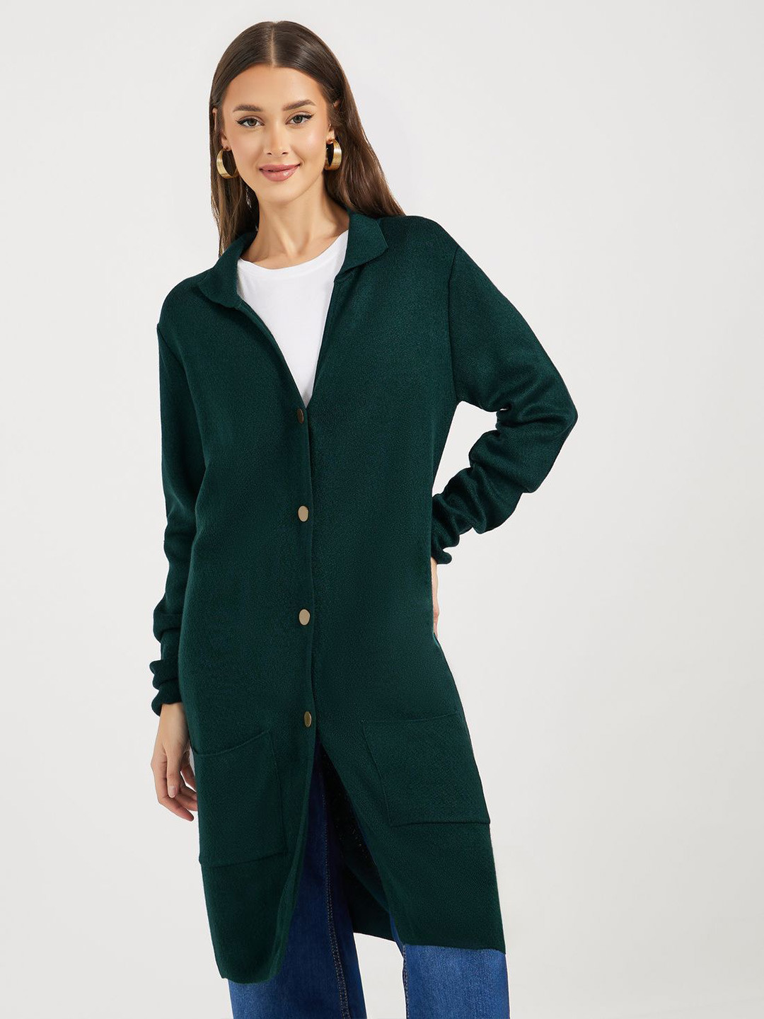 Styli Women Collared Acrylic Longline V Neck Cardigan