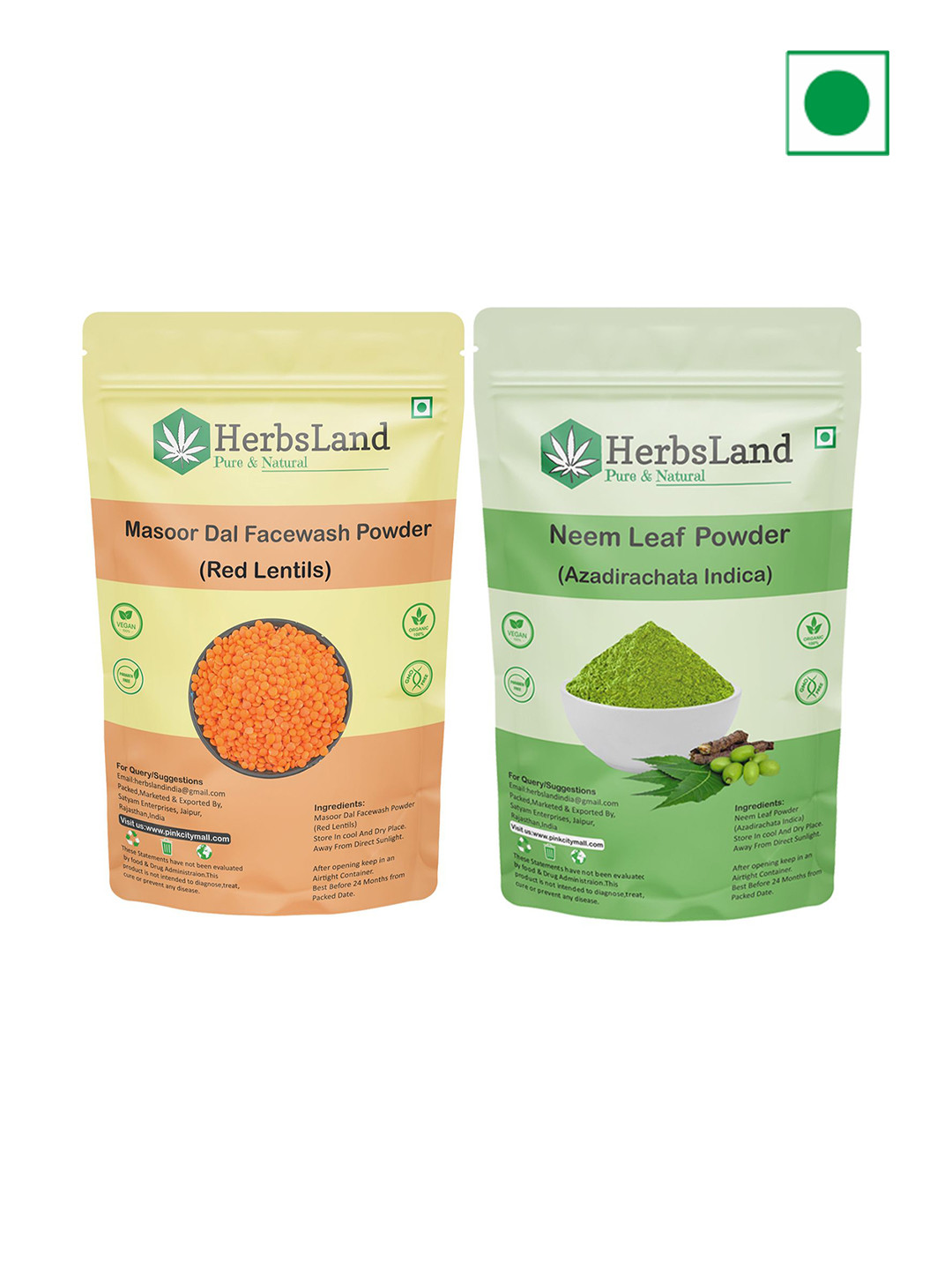 HerbsLand Set Of 2 Masoor Dal Facewash Powder (Red Lentils) & Neem Leaf Powder- 100 g Each