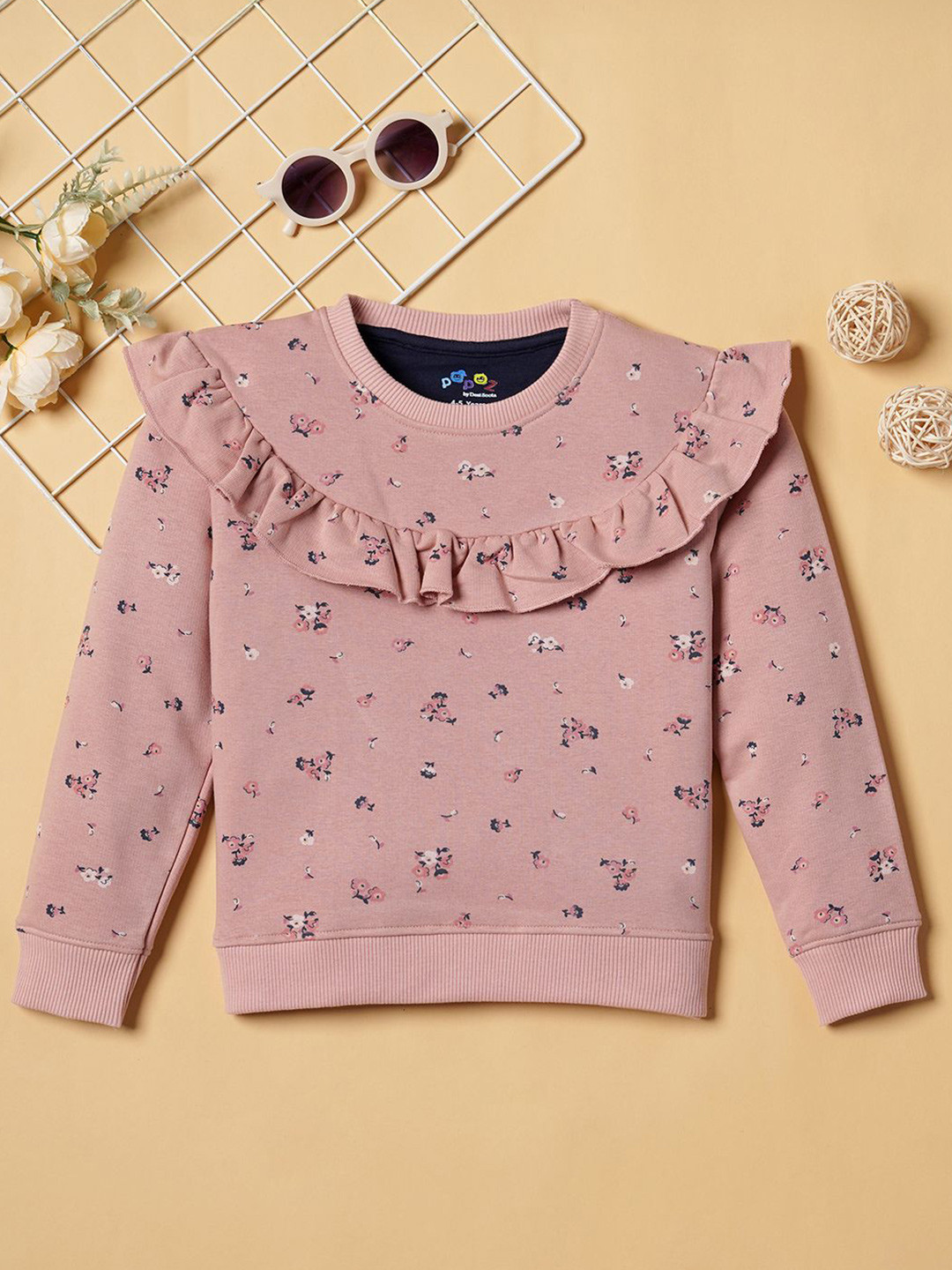Desi Soota Girls Pink Flower Printed Pure Cotton Sweatshirt