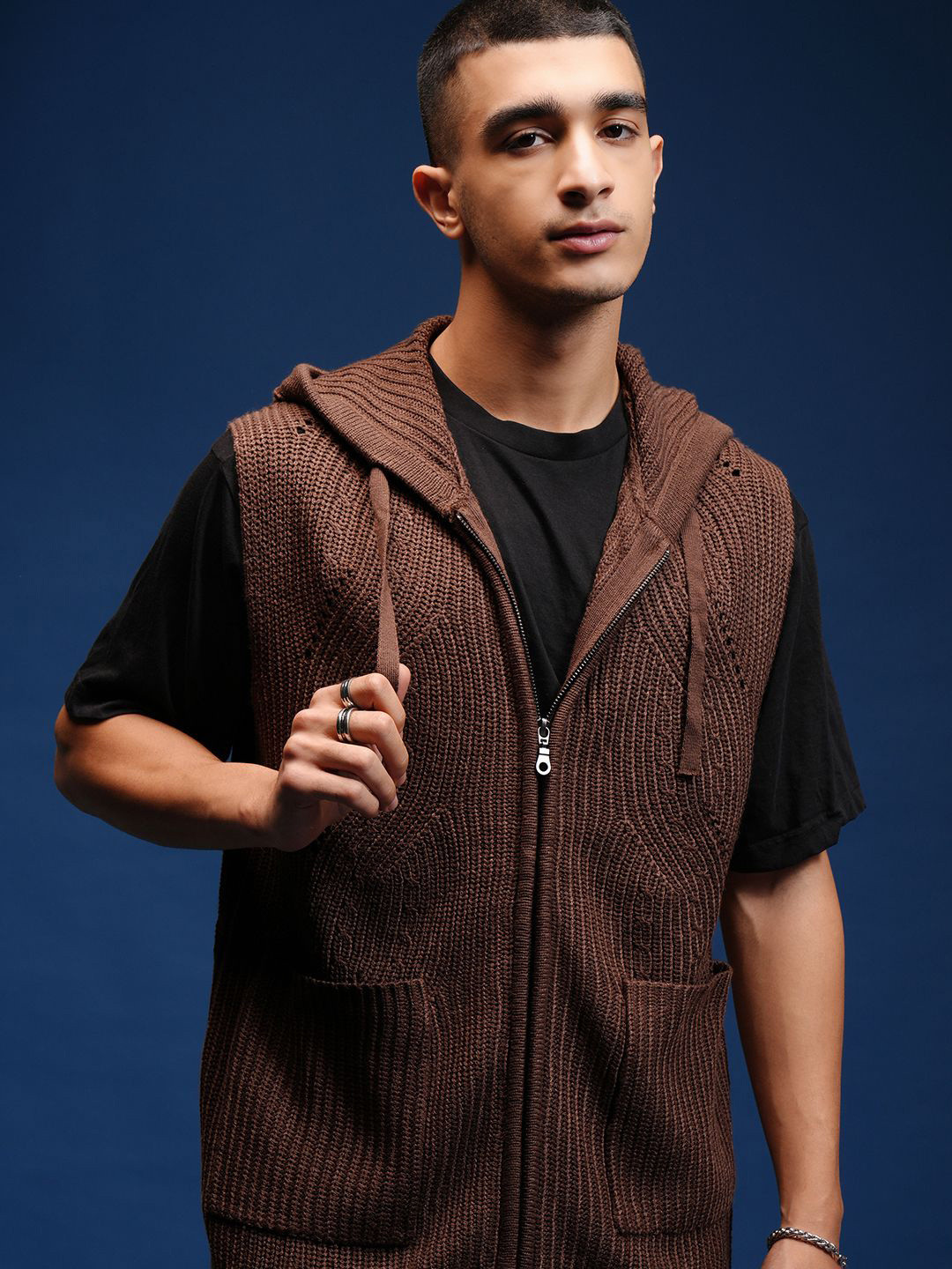 HIGHLANDER Men Self Design Cable Knit Cardigan with Zip Detail