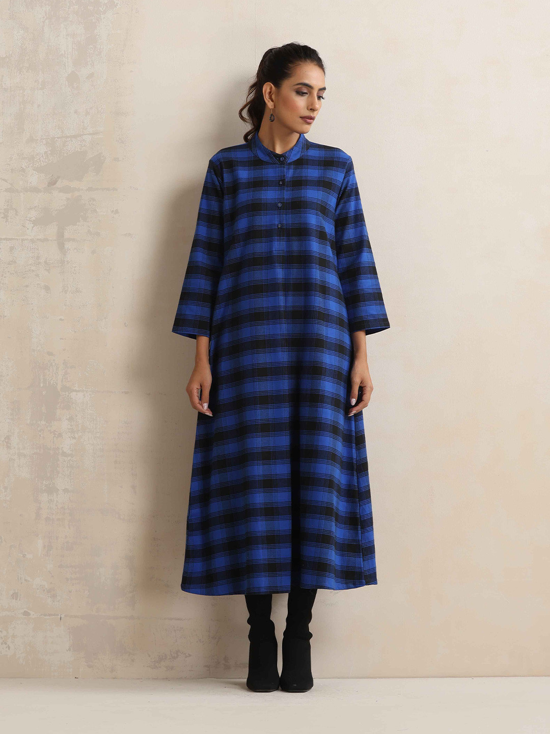 trueBrowns Check Checked Wool Midi A-Line Dress