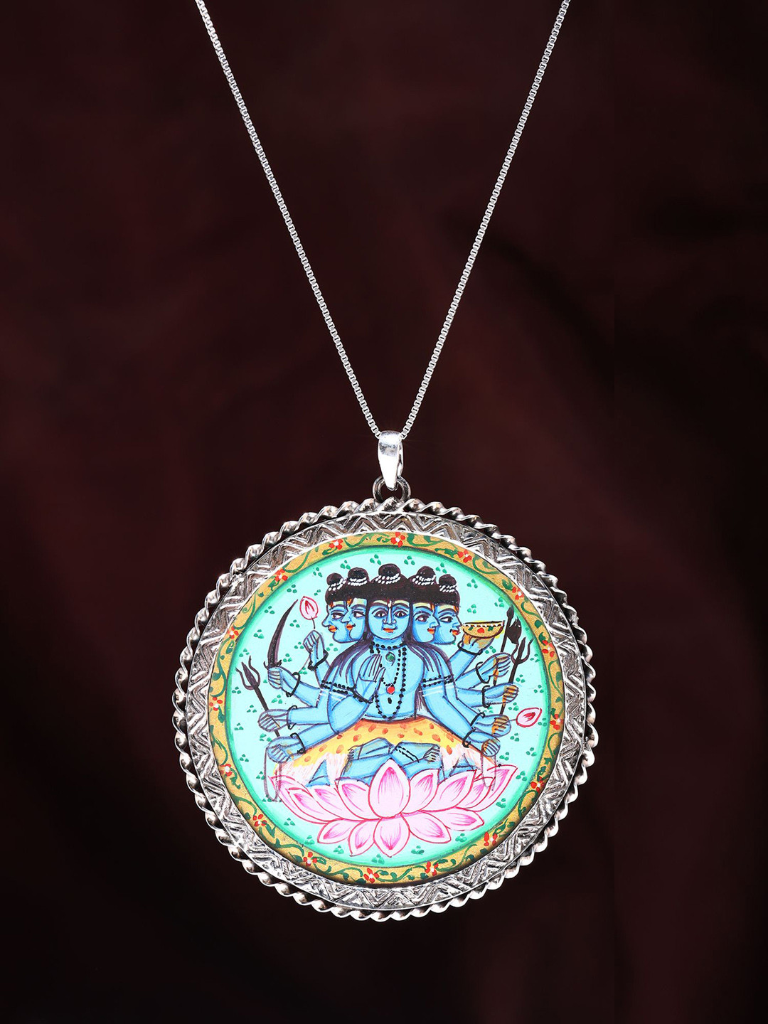 Exotic India Hand Painted Panchamukha Sadashiva Pendant in Sterling Silver