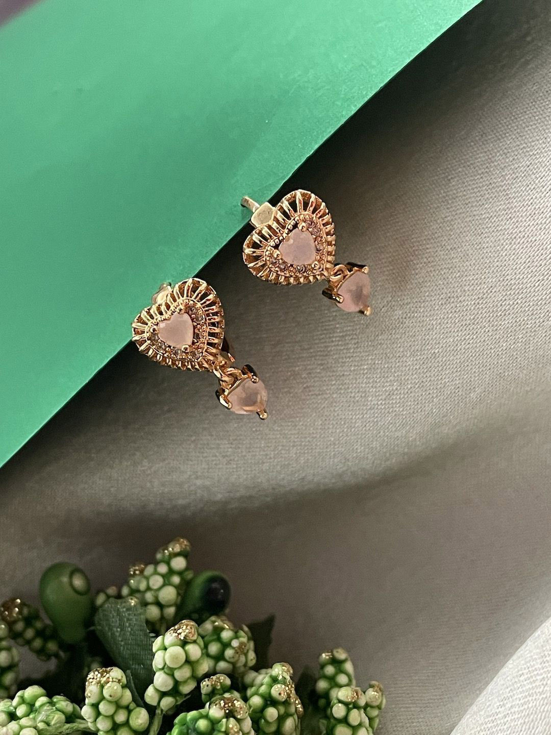 Digital Dress Room Gold-Plated Pink AD-Studded Heart-Shaped Drop Earrings