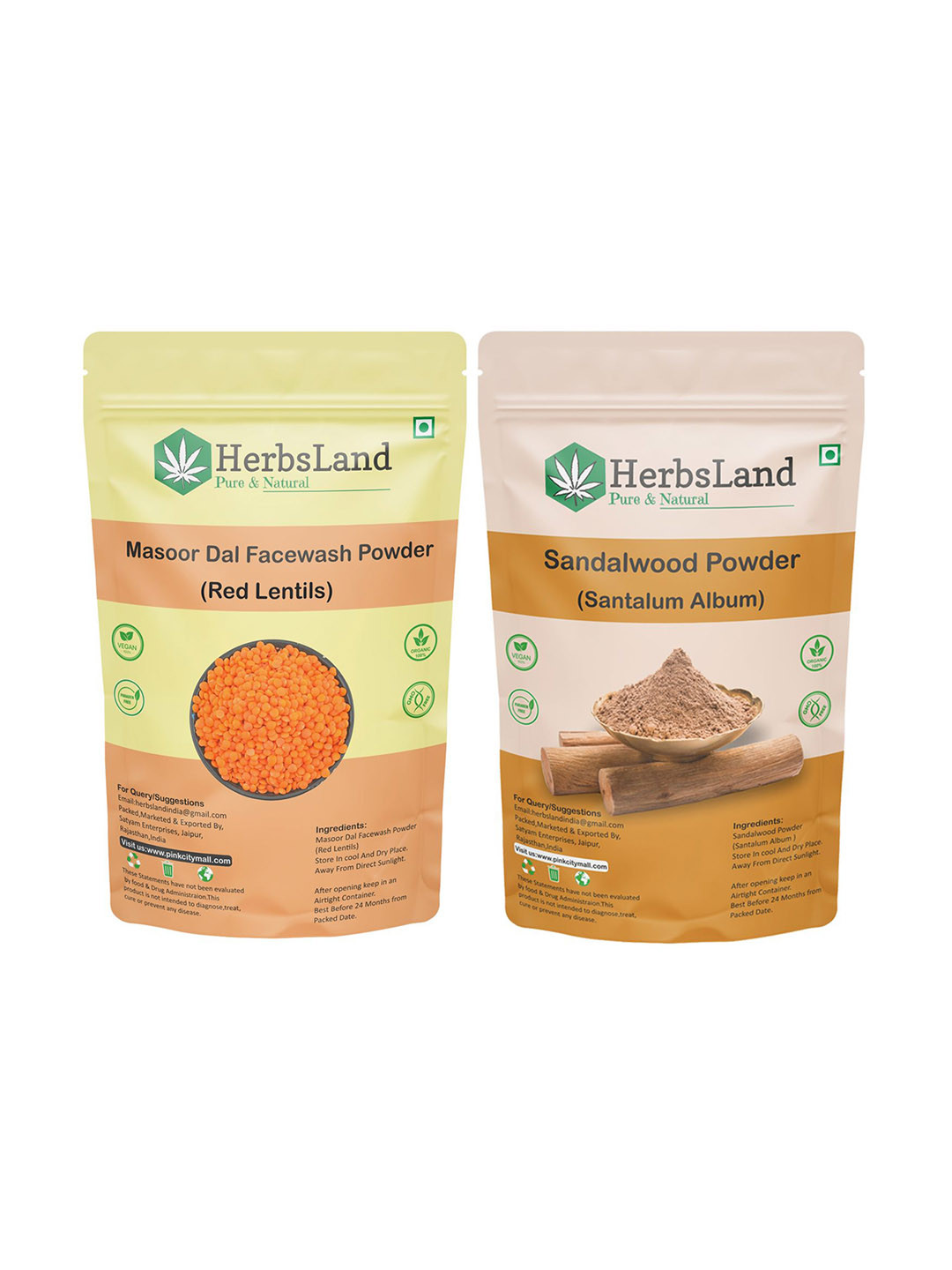 HerbsLand Set Of 2 Pure & Natural Masoor & Sandalwood Face Pack Powder - 100 g Each