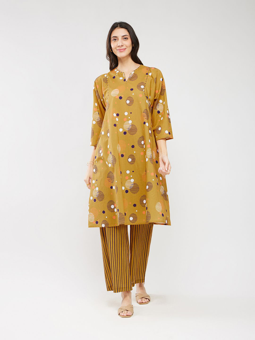 Pink Fort Cotton Print Play A-Line Kurta Set - Mustard