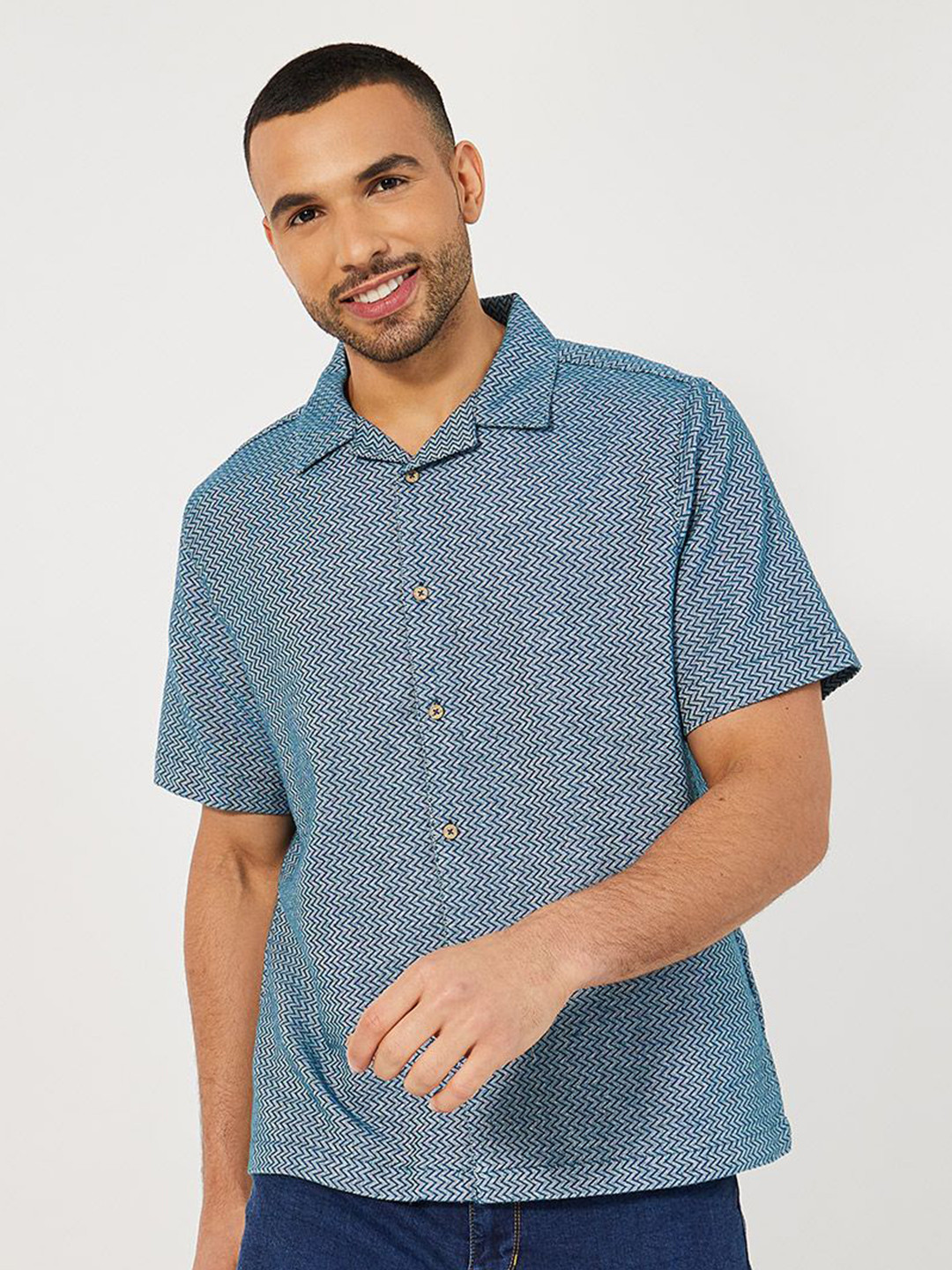 Styli Relaxed Fit Geometric Self Design Resort Collar Casual Shirt