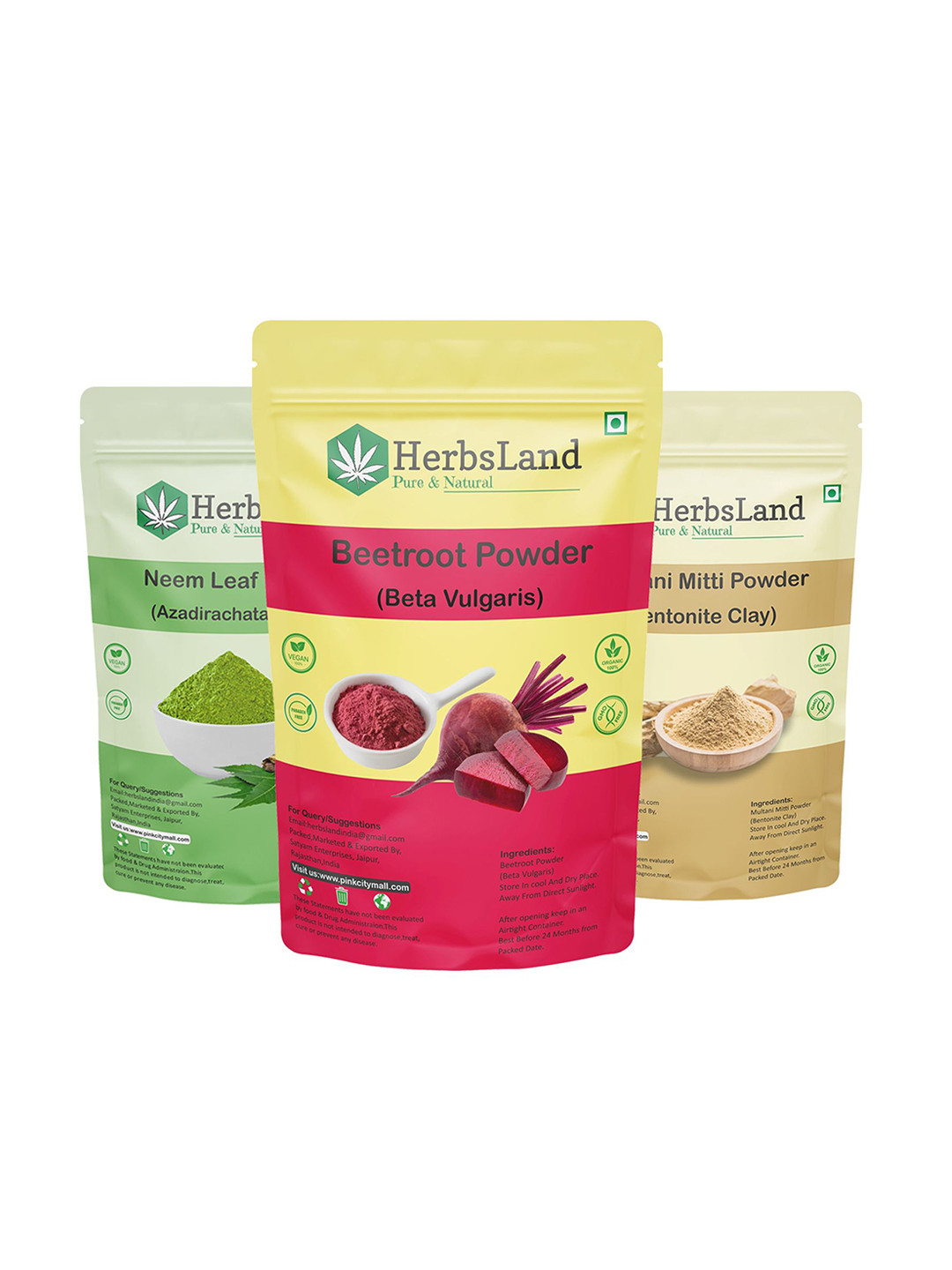 HerbsLand Set Of 3 Beetroot, Neem Leaf & Multani Mitti Powder Face Pack - 100 g Each
