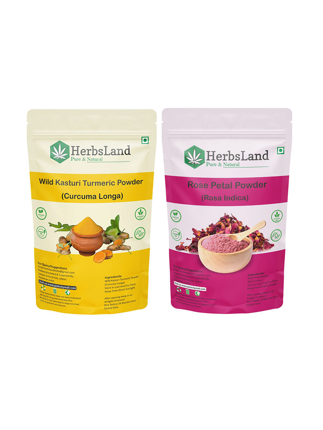 HerbsLand Set Of 2 100% Pure & Natural Wild Turmeric &Rose Petal Facepack Powder-150g Each