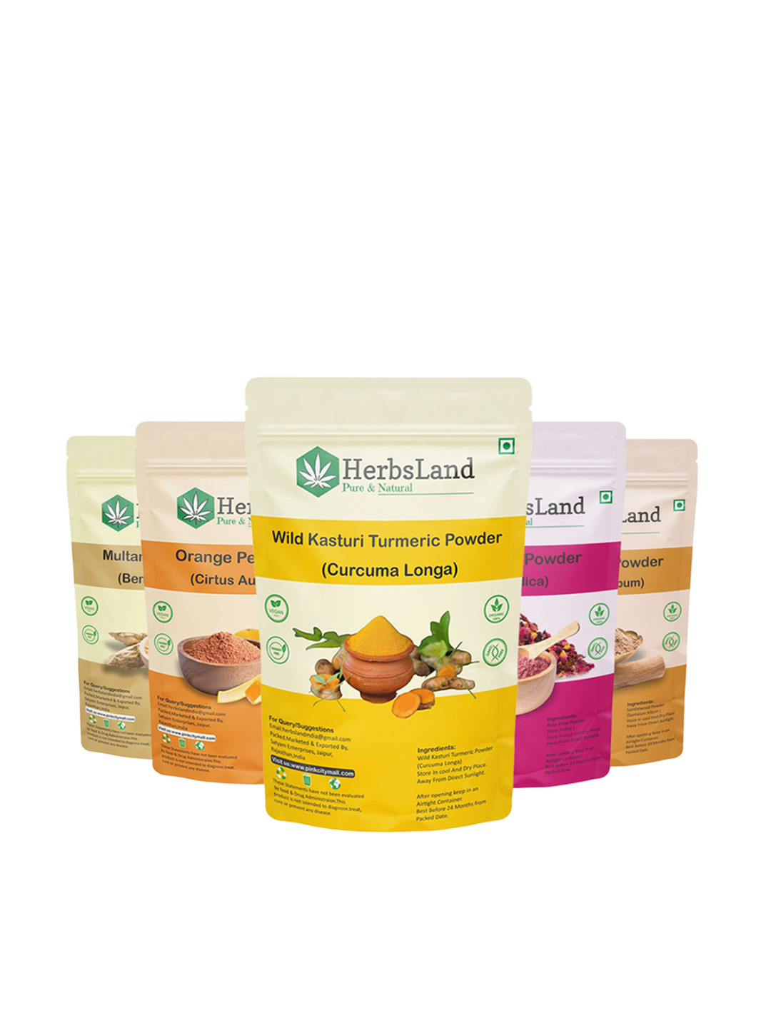 HerbsLand Set Of 5 Sandalwood, Orange Peel, Neem, Rose Petal & Multani Mitti Powder
