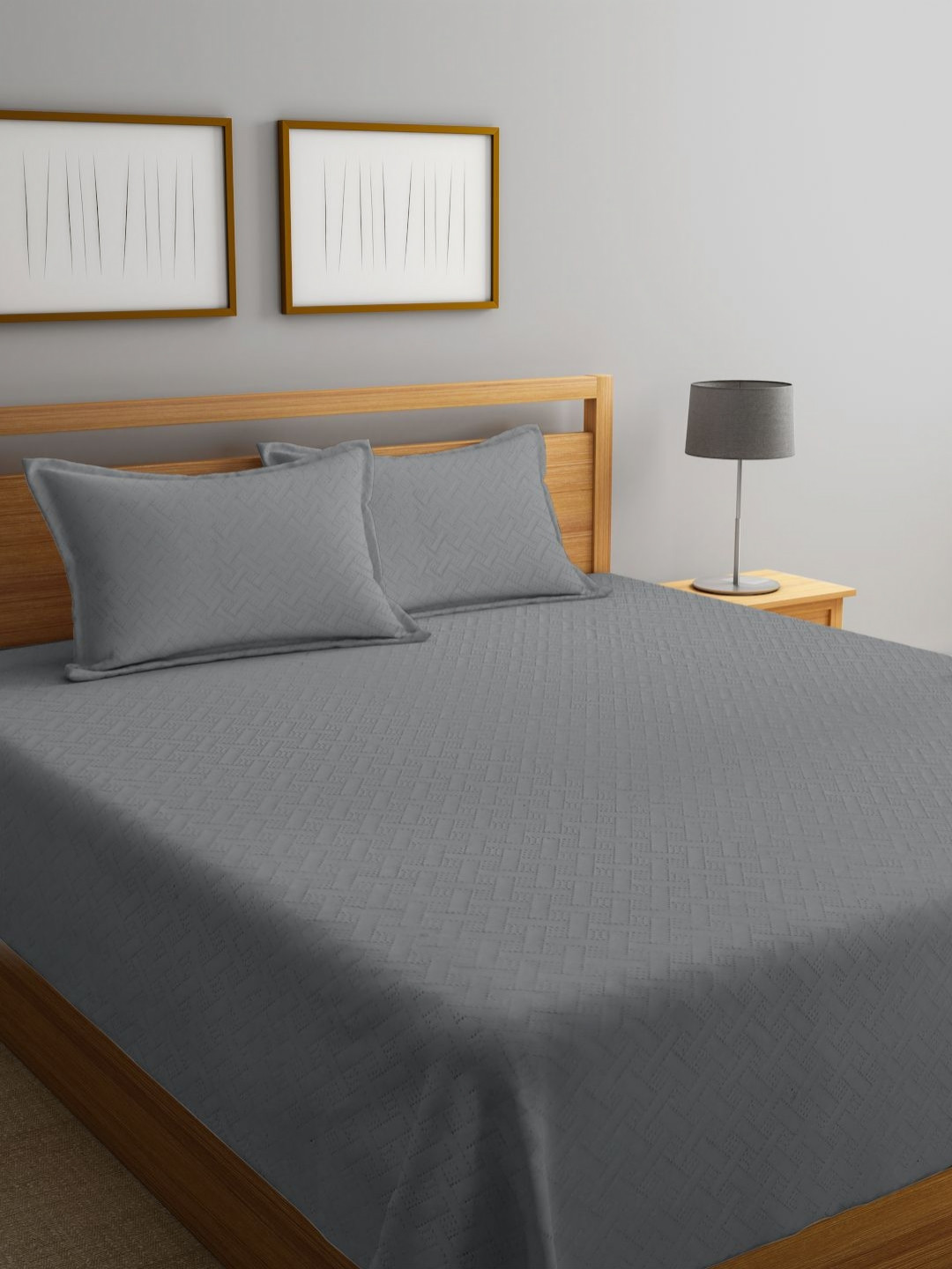 SOKNACK Grey Quilted Double Queen Bed Cover With Pillow Cover - 2.28 x 2.54 m