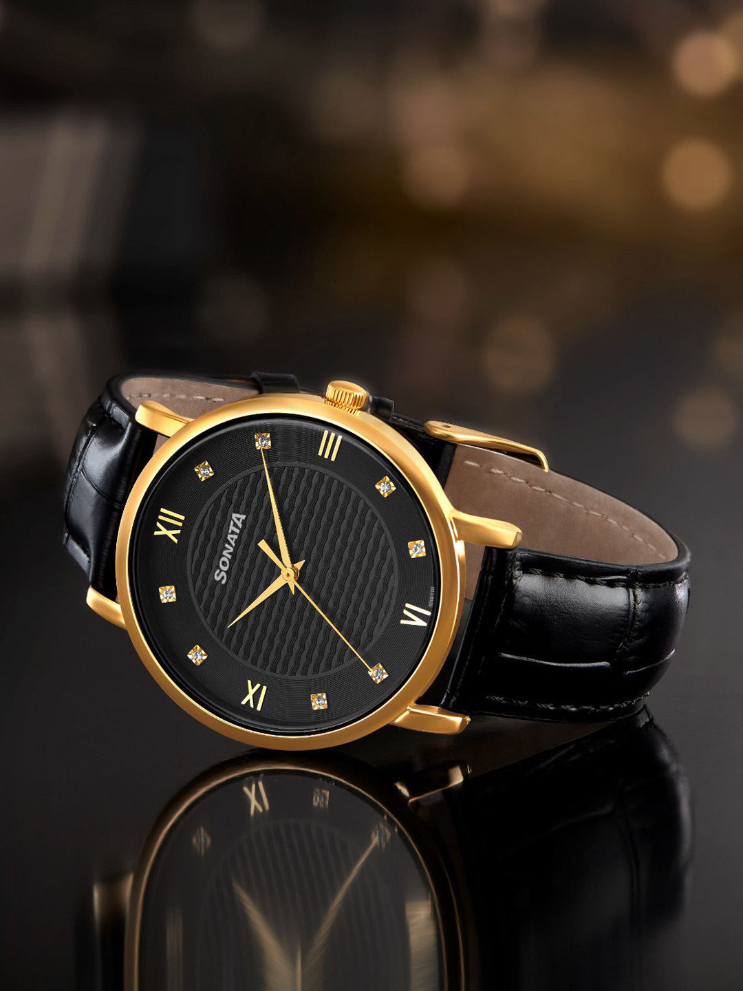 Sonata Men Dial & Leather Straps Analogue Watch 77155YL02