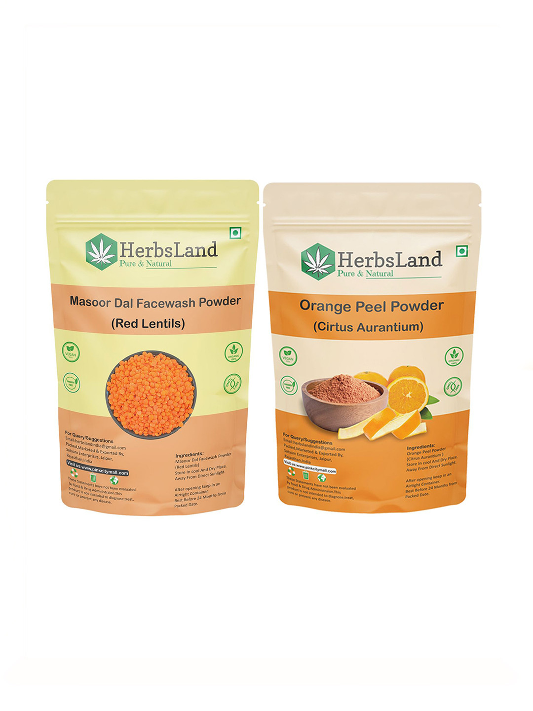 HerbsLand Set Of 2 100% Pure & Natural Masoor Dal & Orange Peel Facepack Powder-100 g Each