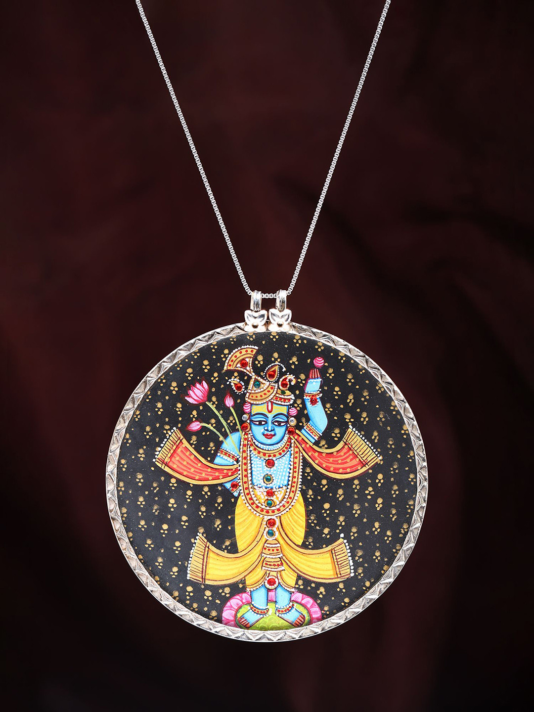 Exotic India Round Shape Hand Painted Shrinathji Pendant in Sterling Silver