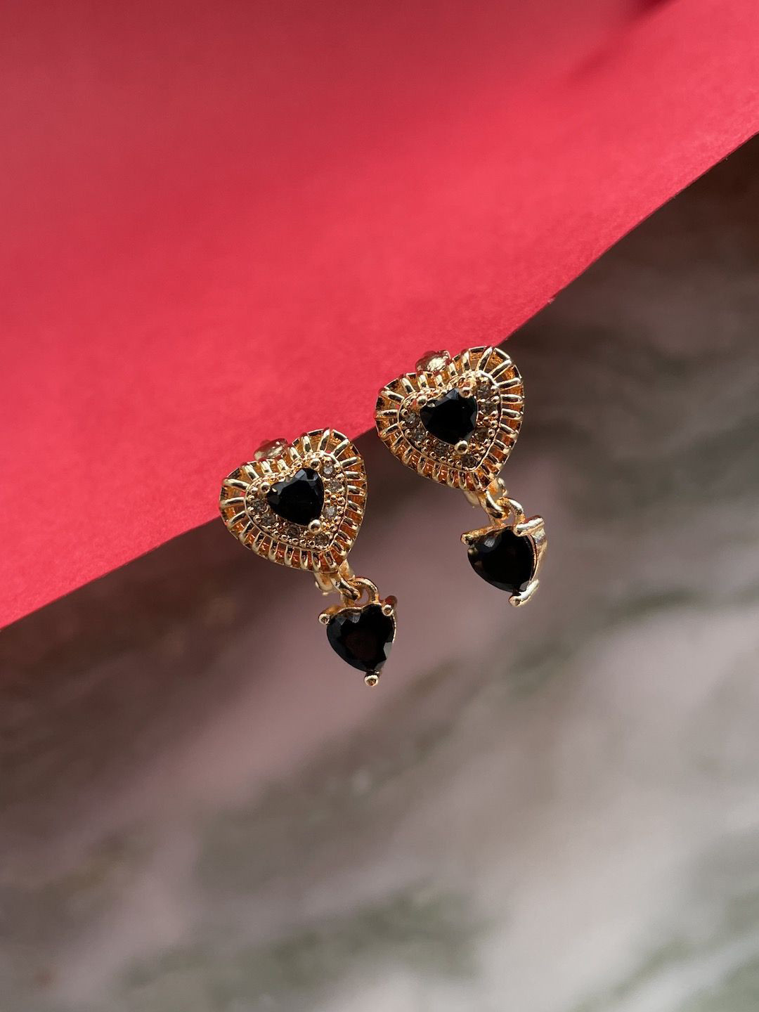 Digital Dress Room Gold-Plated Black AD-Studded Heart-Shaped Drop Earrings
