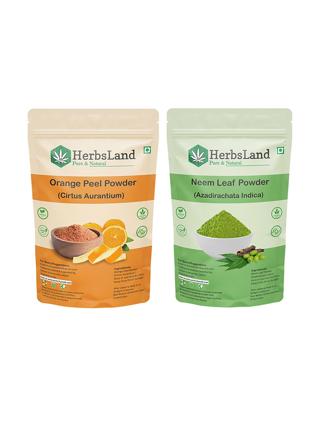 HerbsLand Set Of 2 Orange Peel Powder (Cirtus Aurantium) & Neem Leaf Powder (Azadirachata