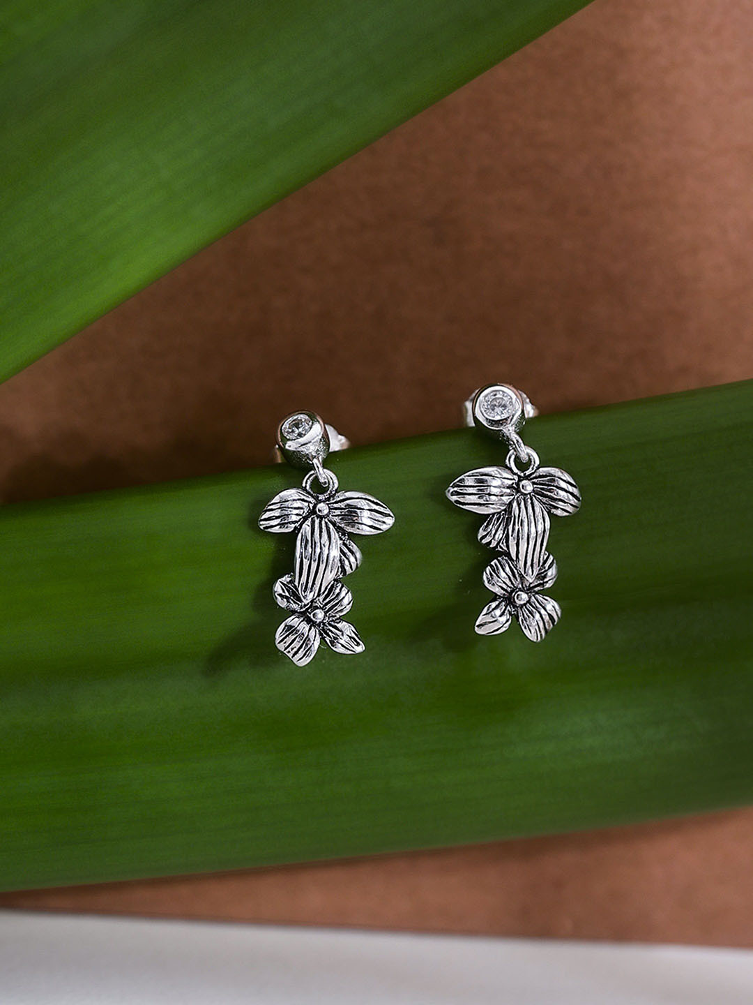 DIAVO Women Rhodium Platted Silver Toned Floral Drop Earrings