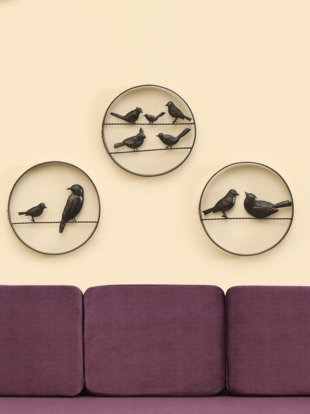 vedas Bird Dcor With Rattan Metal Glossy Hanging Hall 3Pcs Wall Hangings-11.8In