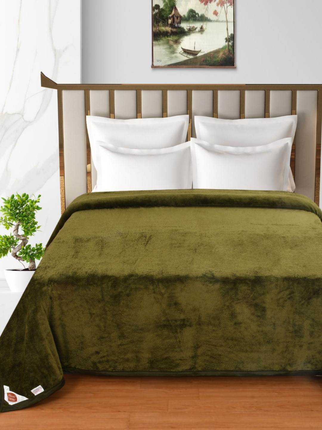 Florida Olive Green 300 GSM Double Bed Flannel Blanket- 2.4 m x 2.2 m