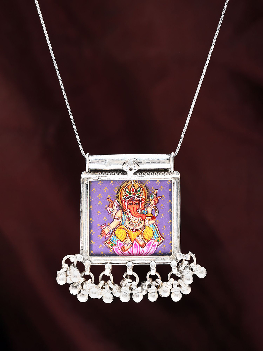 Exotic India Square Shaped Hand Painted Lord Ganesha Pendant with Ghungroo