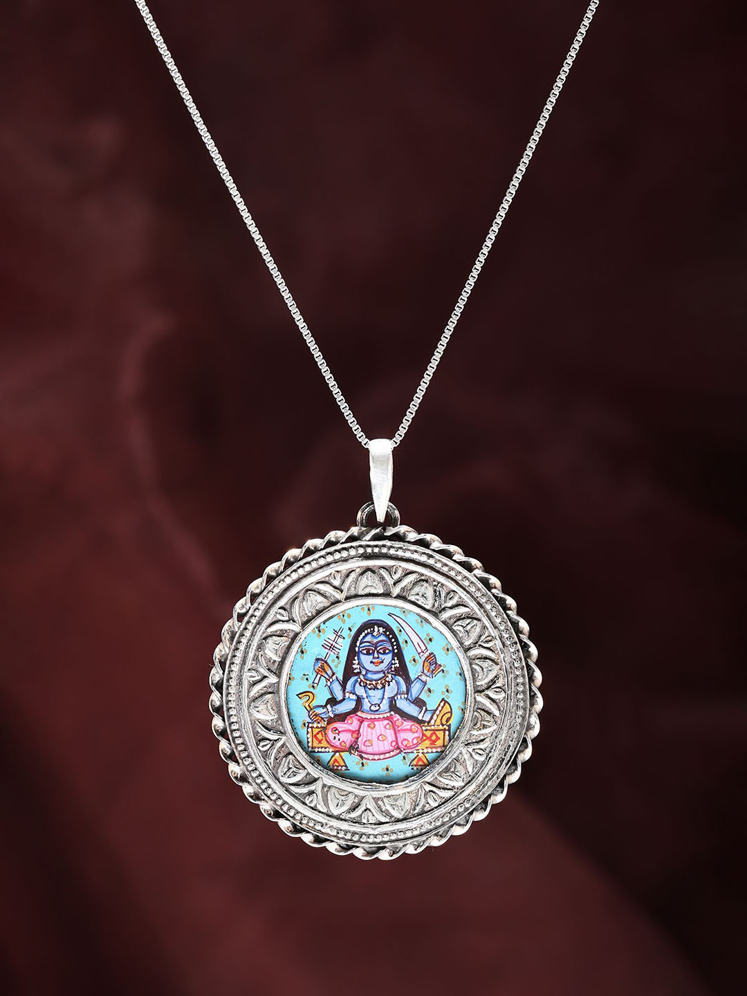 Exotic India Hand Painted Goddess Kali Pendant in Sterling Silver