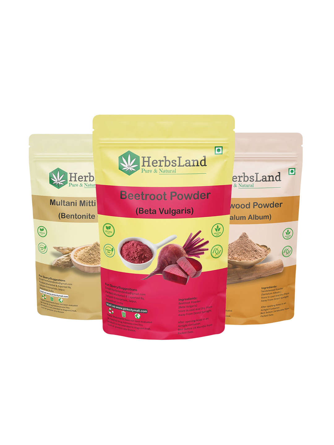 HerbsLand Set Of 3 Beetroot, Multani Mitti & Sandalwood Face Pack Powder - 100 g Each