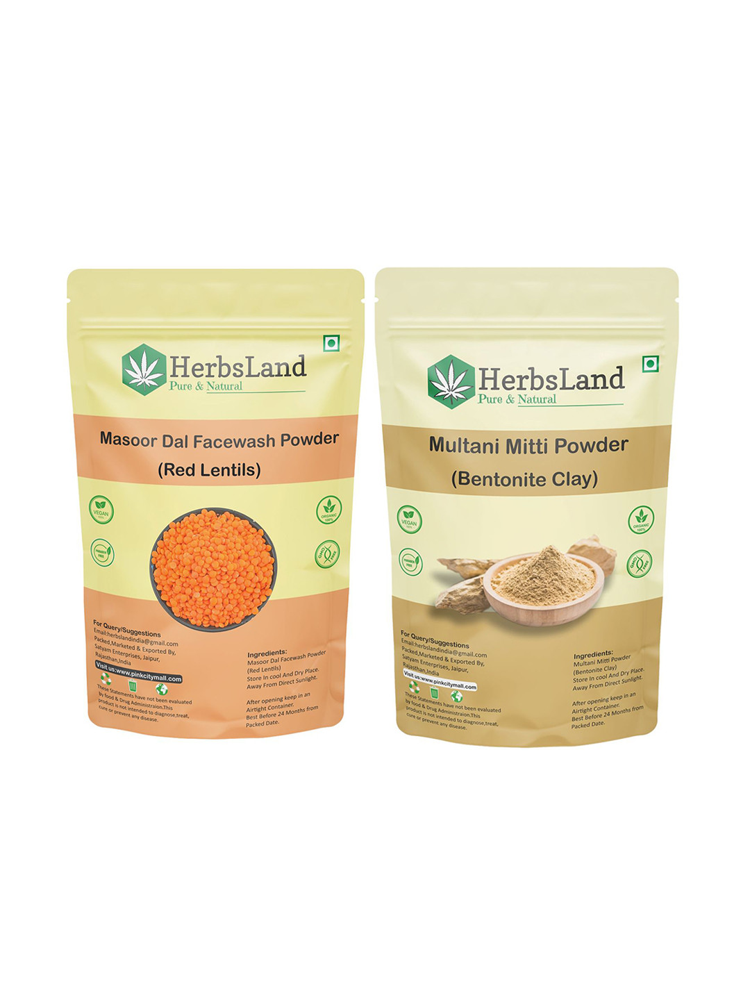 HerbsLand Set Of 2 Masoor Dal Face Wash & Multani Mitti Powder - 100 g Each