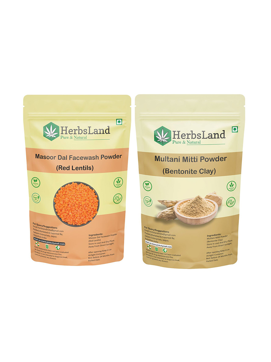 HerbsLand Set Of 2 100% Pure & Natural Masoor Dal Multani Mitti Facepack Powder-150 g Each