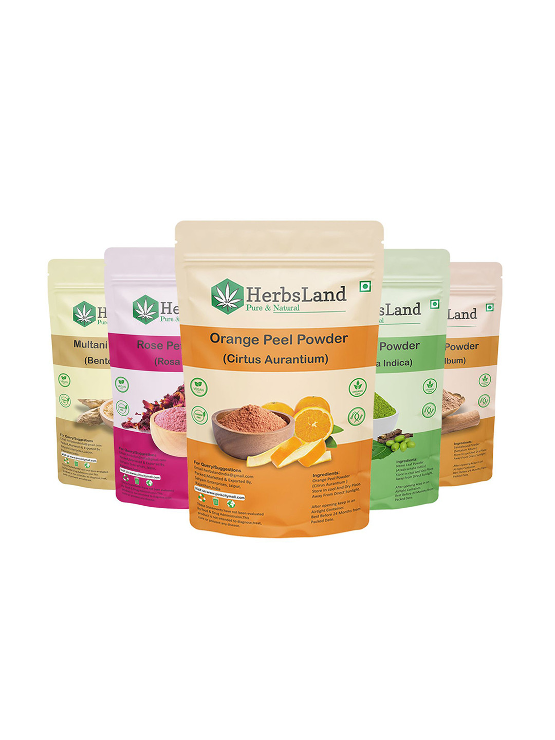 HerbsLand Set Of 5 100% Pure & Natural Rose Peel & Multani Mitti Facepack Powder-50 g Each