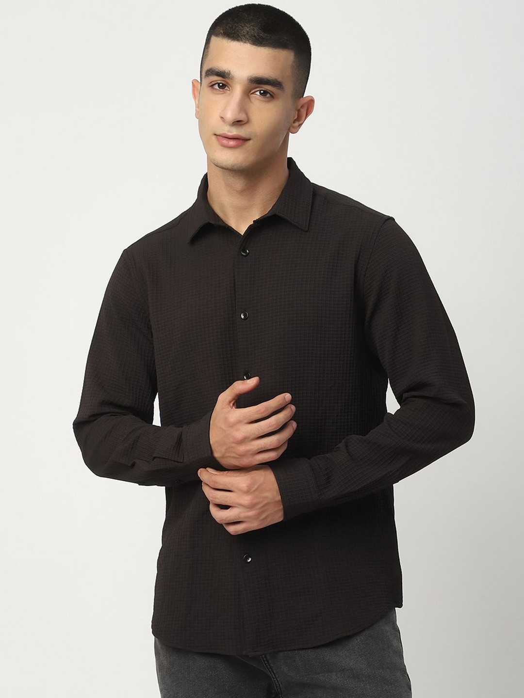 R&B Men Grid Tattersall Checks Opaque Casual Shirt