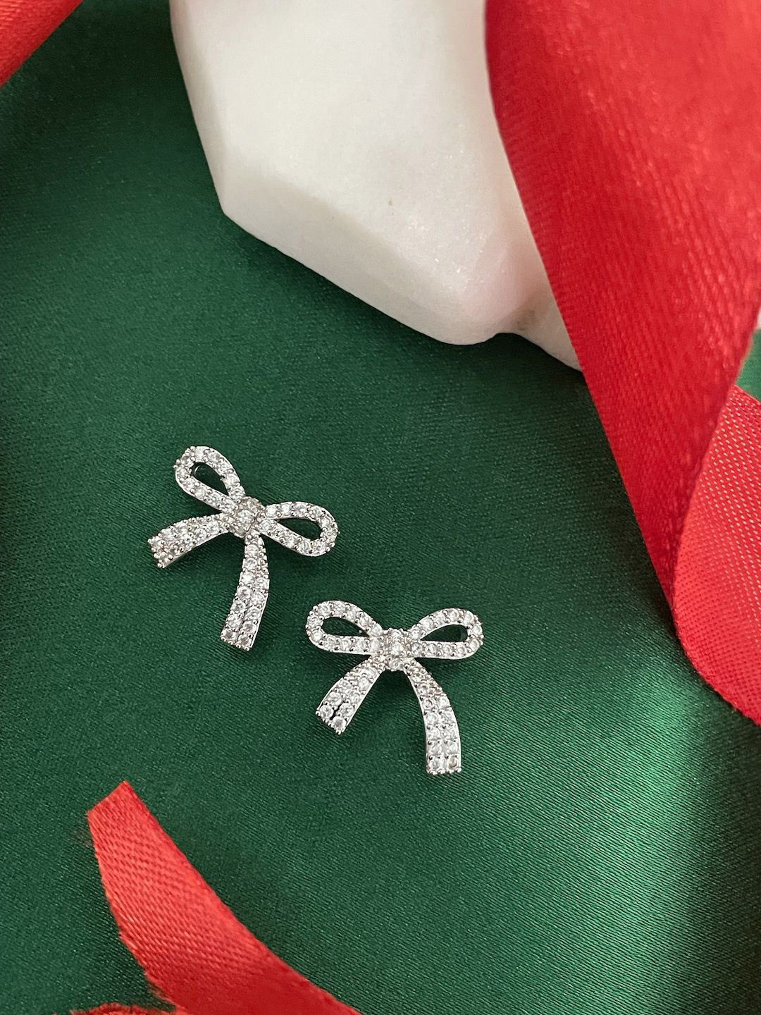 Digital Dress Room Silver Plated AD Studded Bow Shaped Studs Earrings