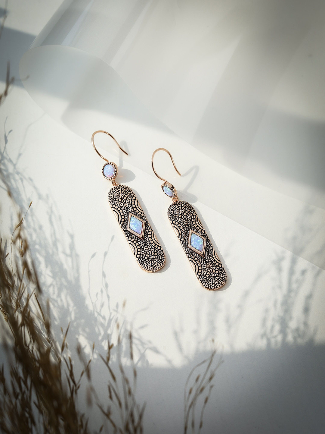 DIAVO Women Rose Gold-Plated Opal Studded Drop Earing