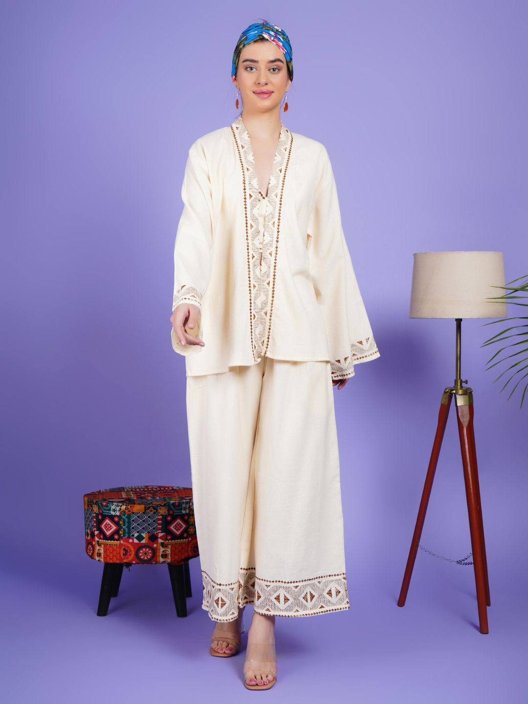 Boholyfe Printed Khadi Cotton Top With Palazzo & Shrug