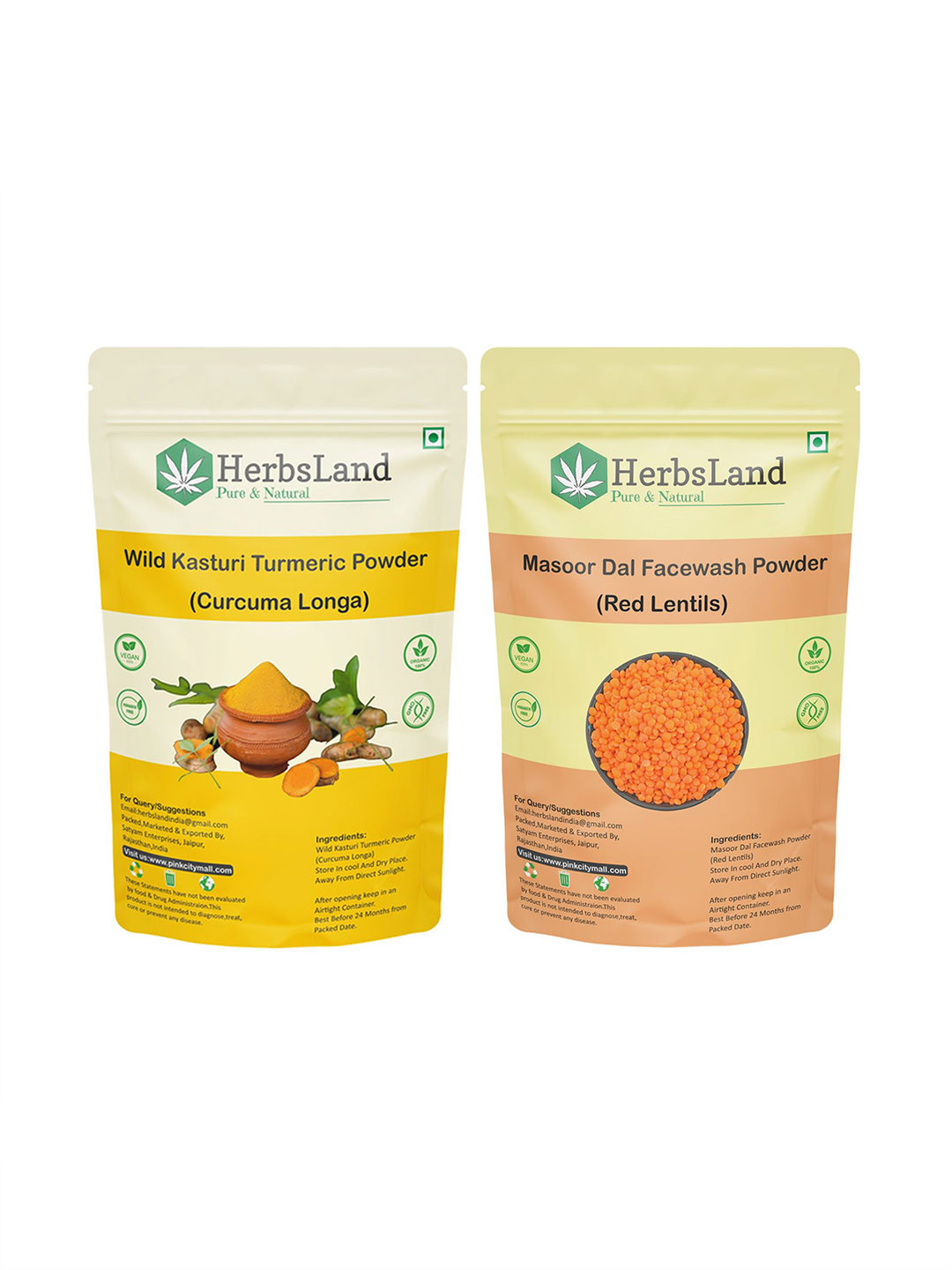 HerbsLand Set Of 2 Kasturi Turmeric & Masoor Dal Face Wash Powder - 150 g Each