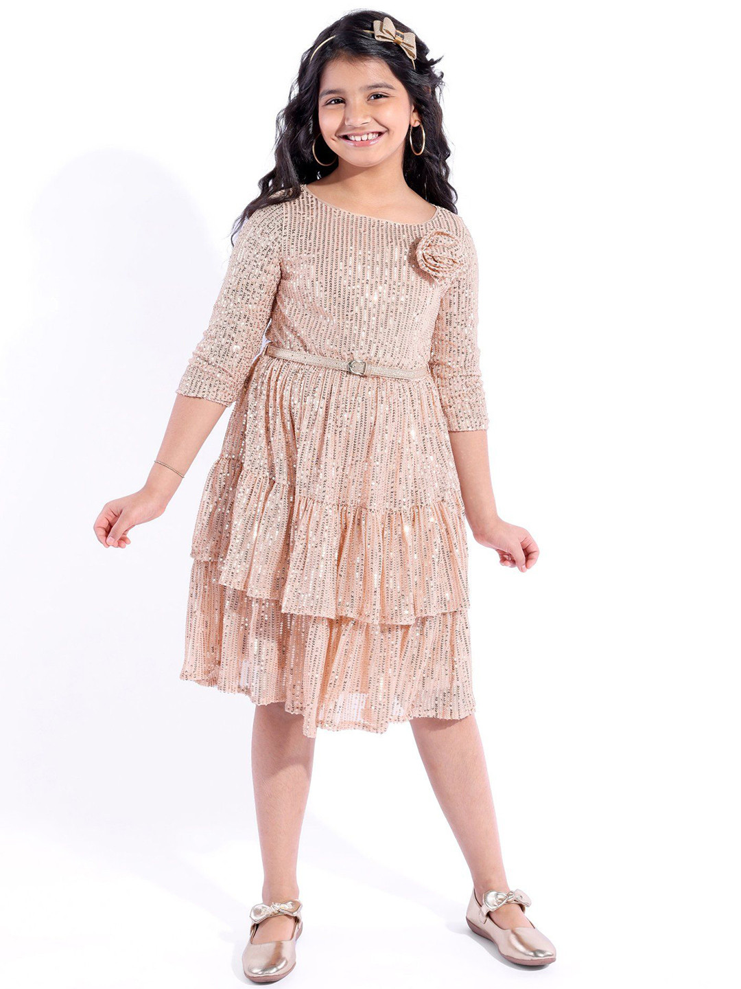 Hola Bonita Girls Embellished Layered Fit & Flare Dress With Floral Applique