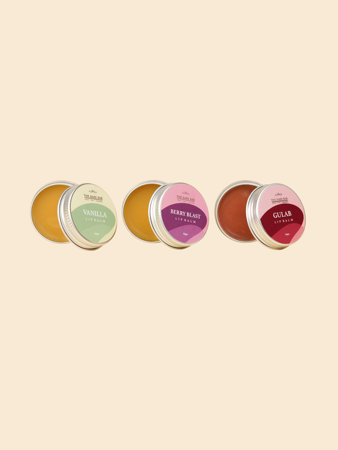The Bare Bar Set Of 3 Berry Blast, Gulab & Vanilla Lip Balm - 10 g Each