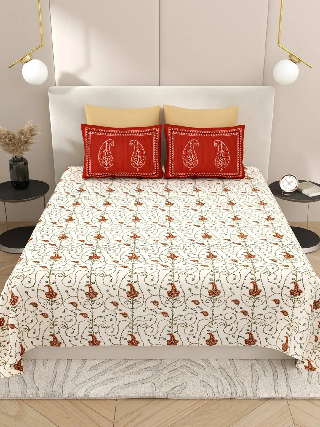 LIVING ROOTS White Paisley Pure Cotton Breathable 300 TC Super King Fine Bedsheet with 2 Pillow Covers-262.13 x 262.13 cm