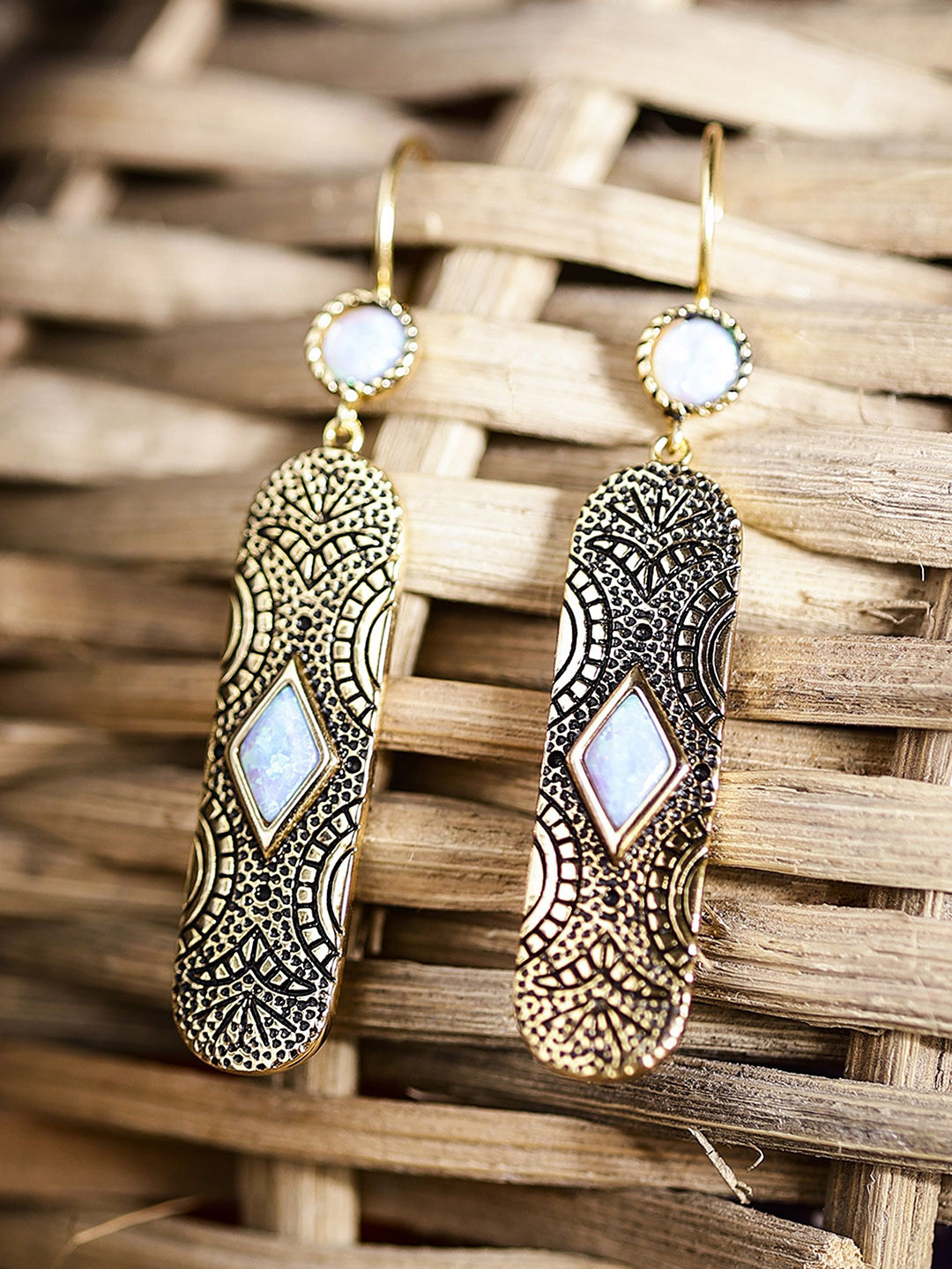 DIAVO Gold Plated 925 Sterling Silver Opal Studded Contemporary Drop Earrings