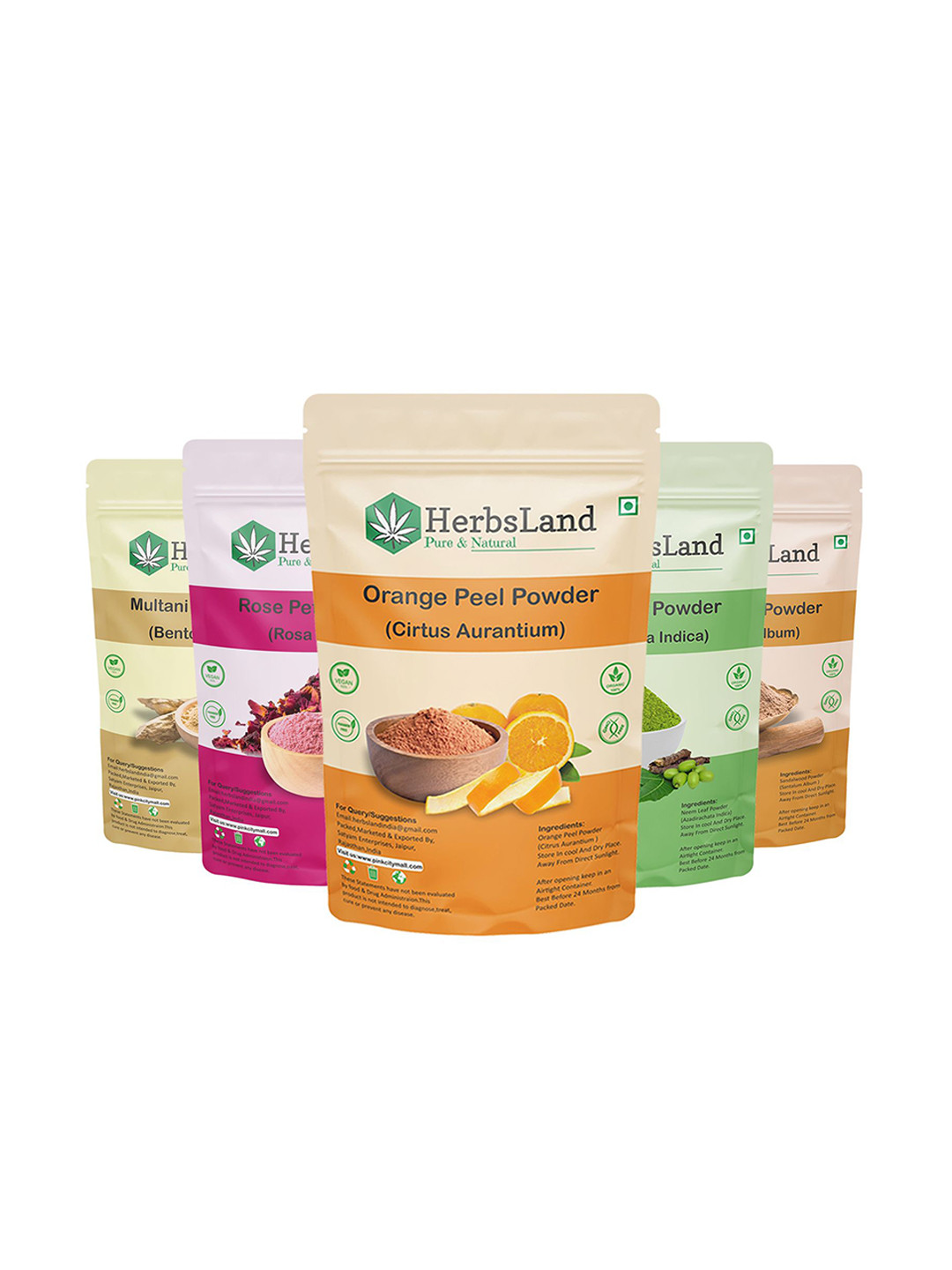 HerbsLand Set Of 5 Sandalwood, Neem, Orange, Rose & Multani Face Pack - 75 g Each