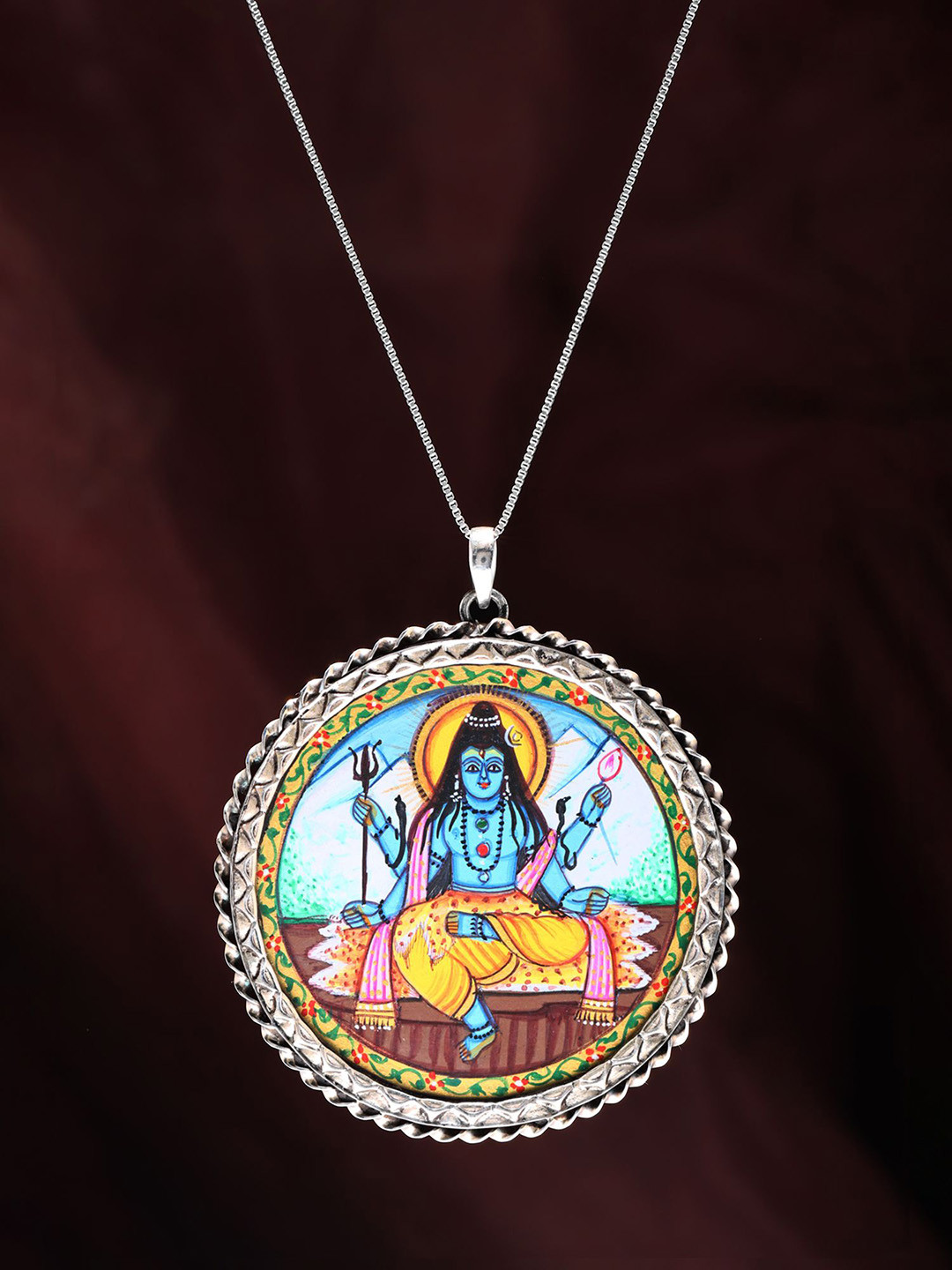 Exotic India Round Shape Hand Painted Lord Shiva Pendant in Sterling Silver