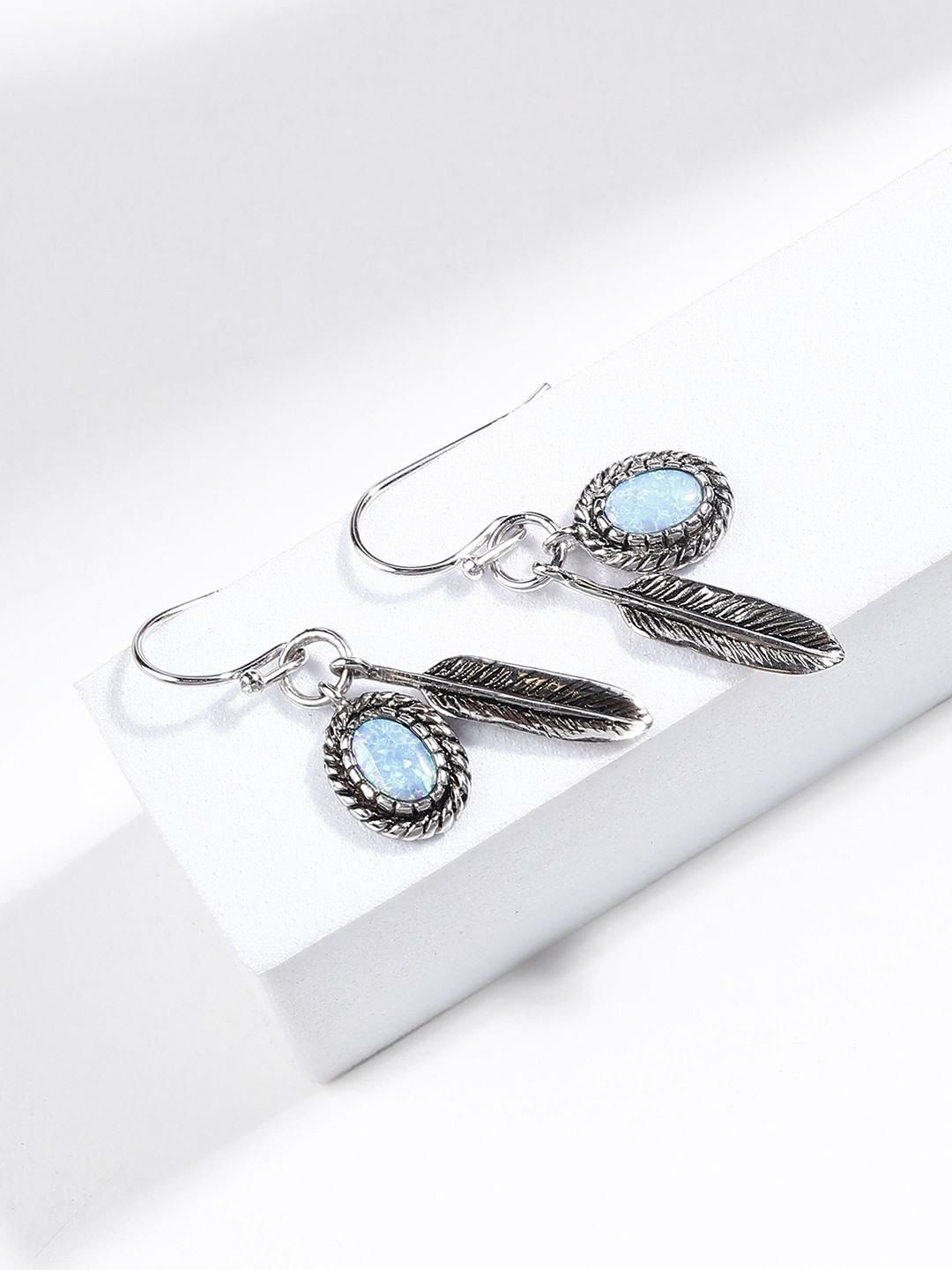 DIAVO Rhodium Plated 925 Sterling Silver Opal Studded Oxidised Contemporary Drop Earrings