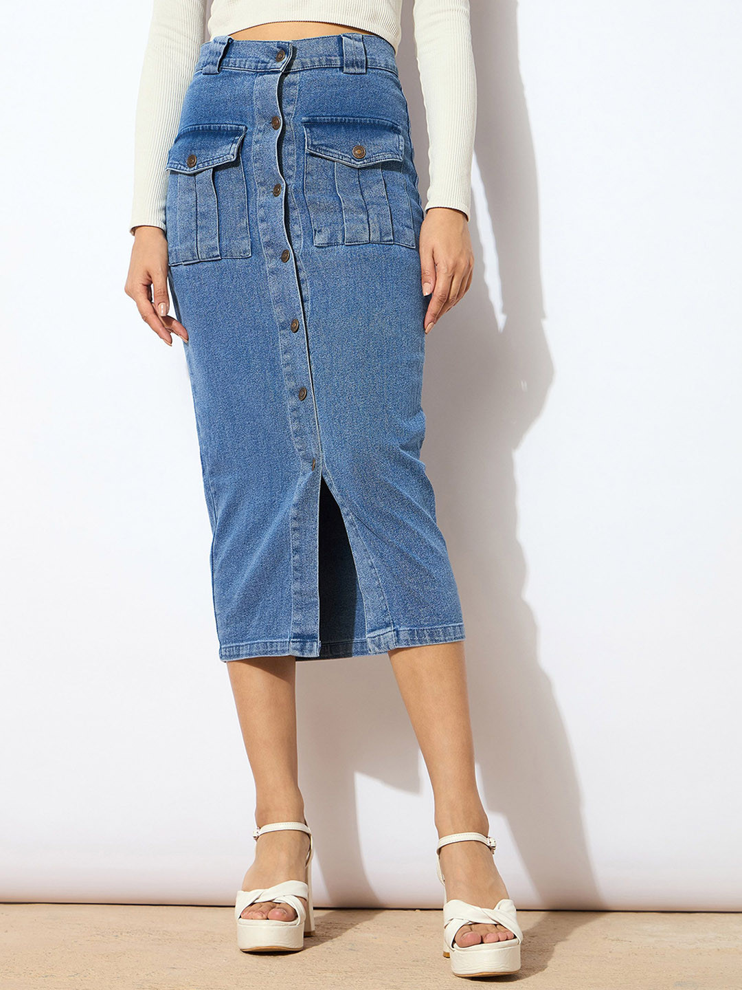 SASSAFRAS Denim Front Button Midi Skirt