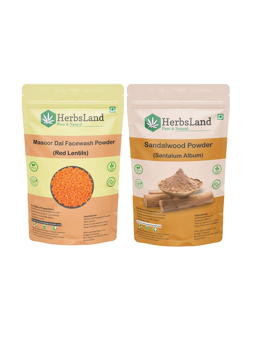 HerbsLand Set Of 2 Masoor Dal Facewash Powder  & Sandalwood Powder - 150 g Each